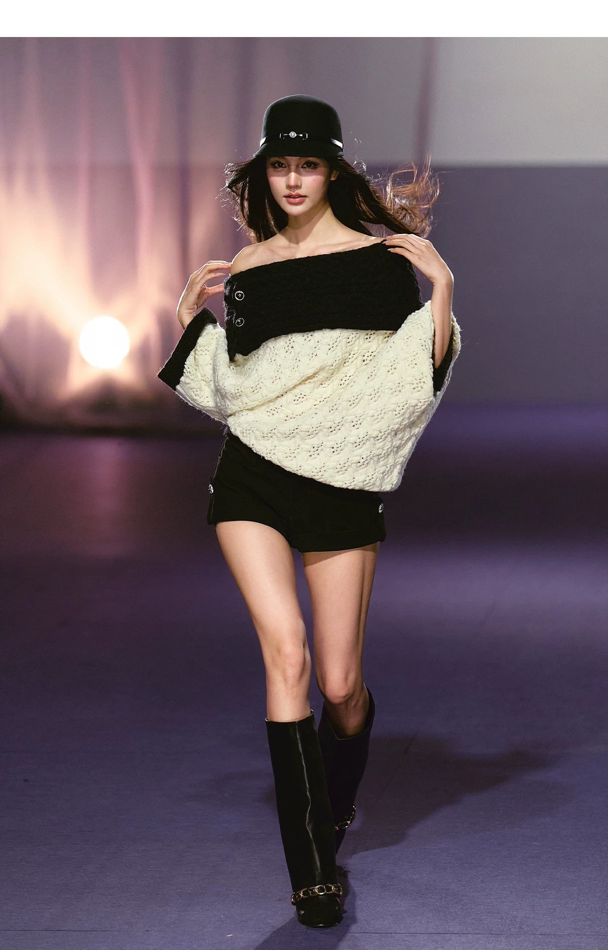 Batwing Sleeve Off-Shoulder Tweed Knit Crewneck