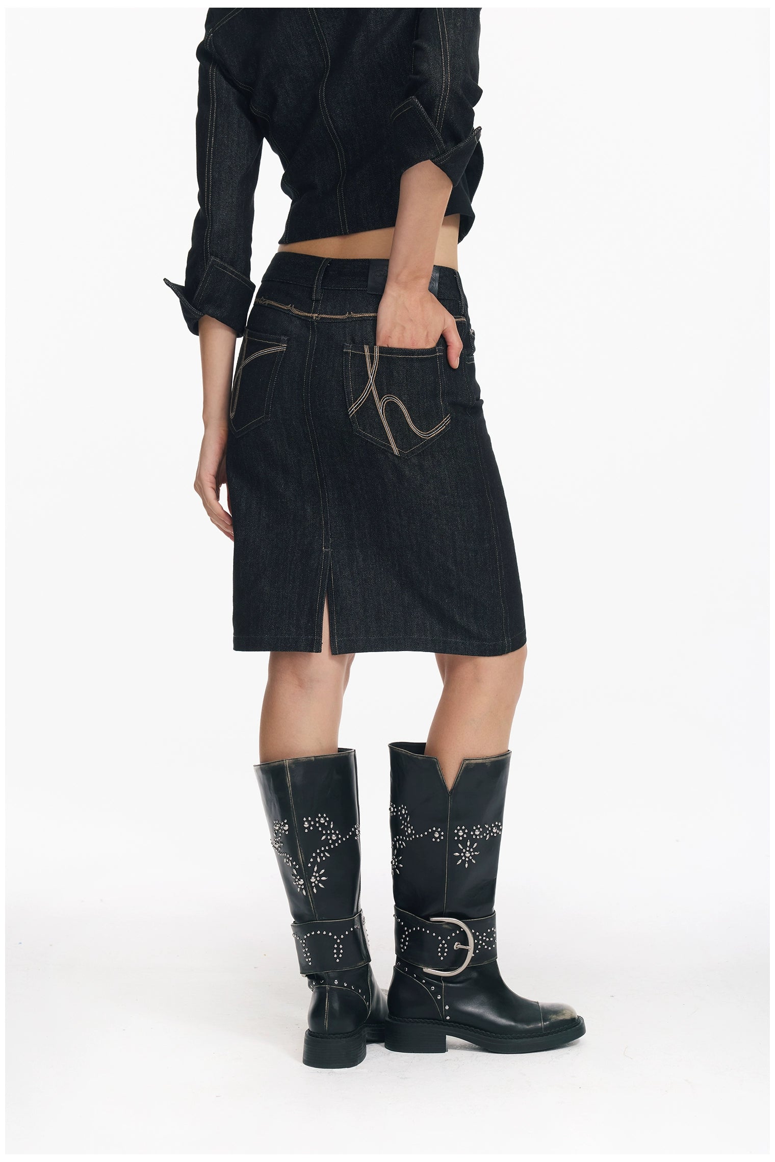 Cropped Stripe Stitch Denim Jacket & Skirt Set