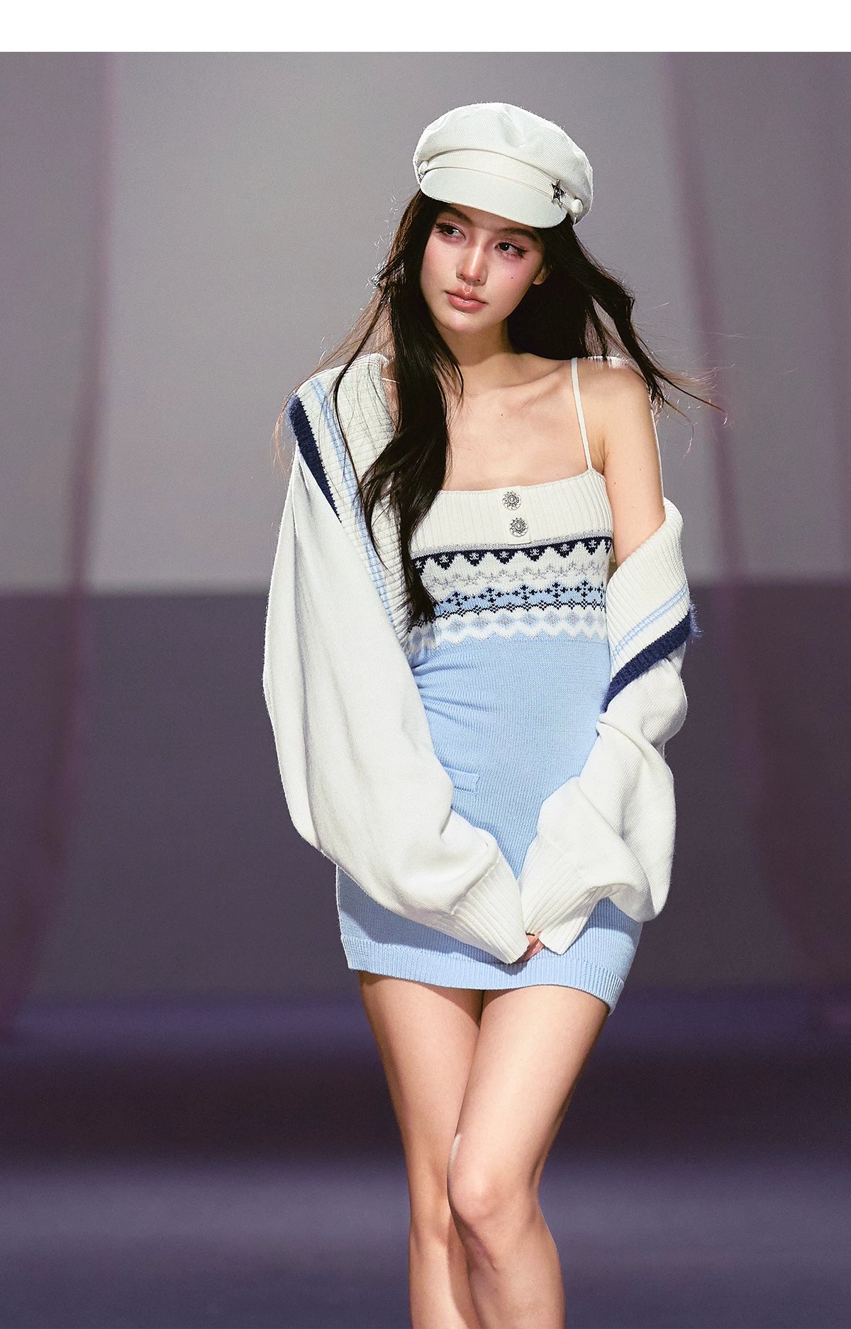 Asymmetrical Strap Top & Fair Isle Knit Cardigan Set