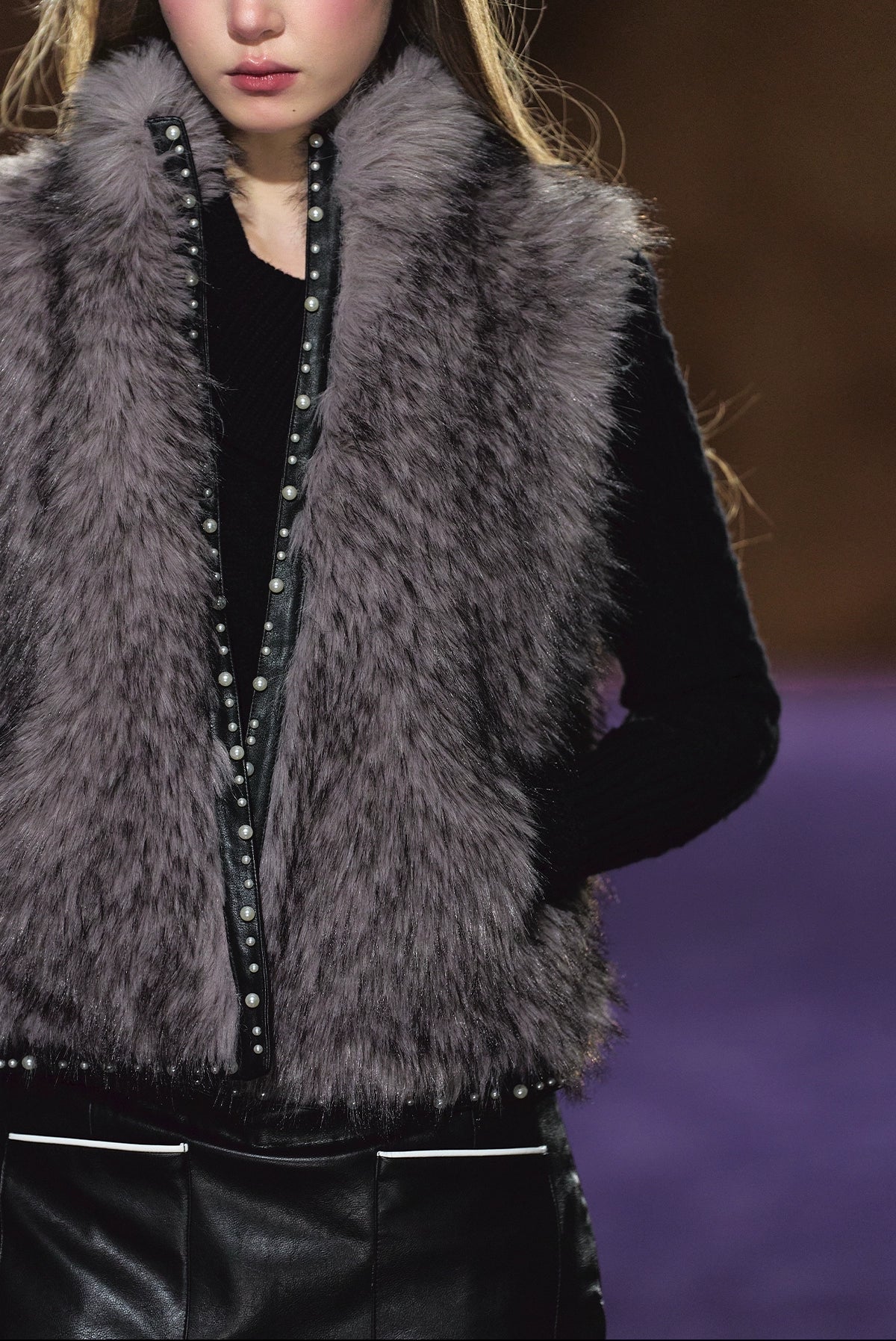 Beaded Faux Fur Layered Vest