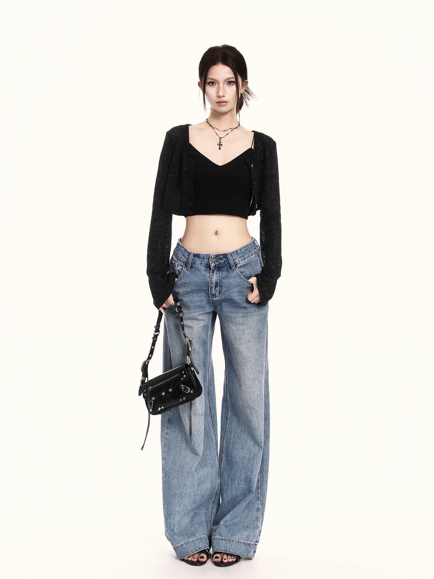 Minimal Black Sheer Knit Cropped Cardigan