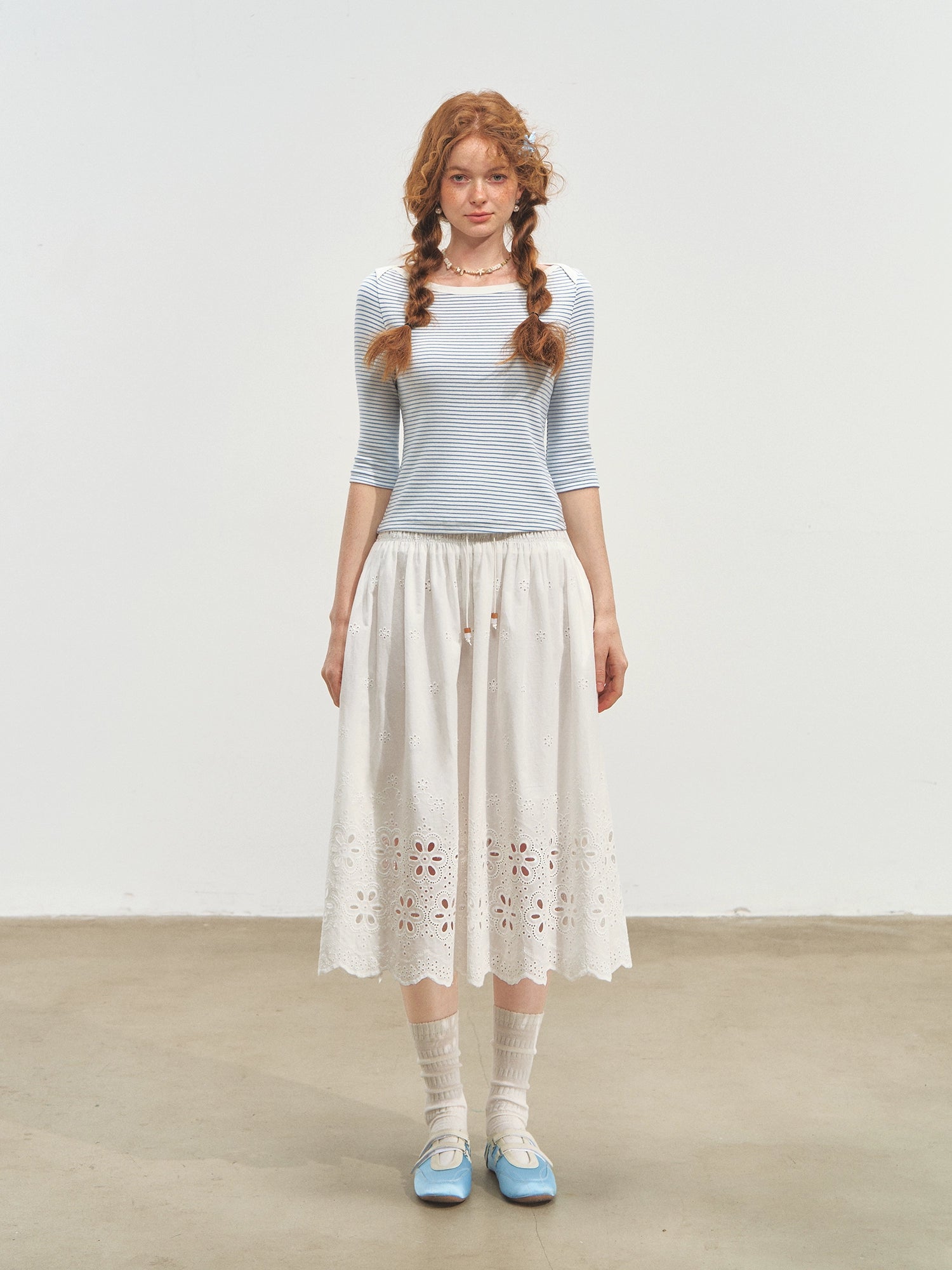 Envelope Neck Mid-sleeve Striped T-Shirt - CHINASQUAD