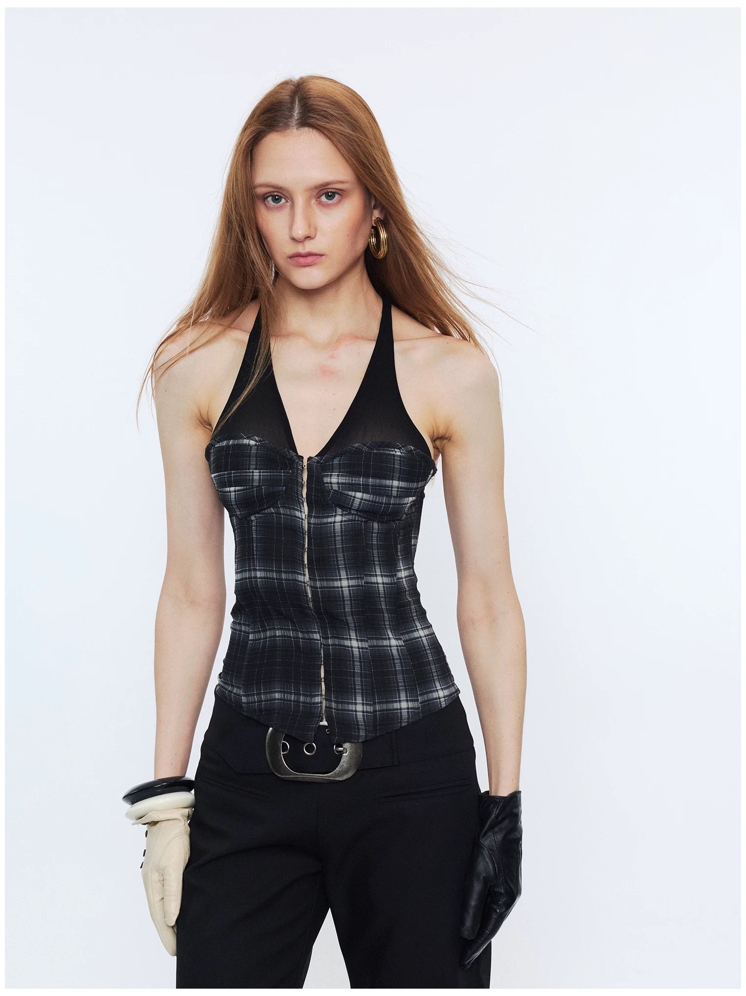 Plaid Mesh Panel Halter Corset