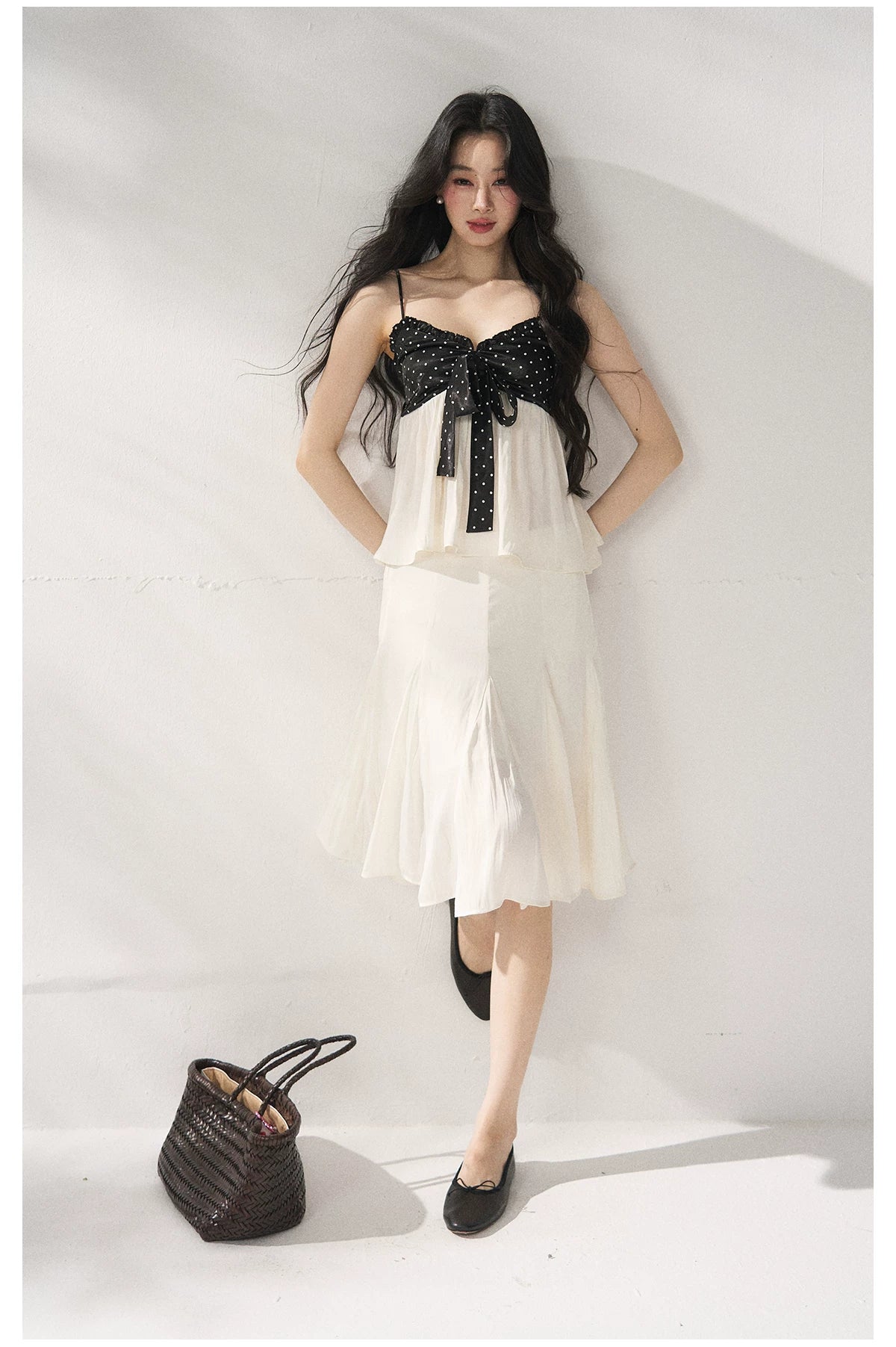 Polka Dot Camisole & Bow Detail Midi Skirt Set