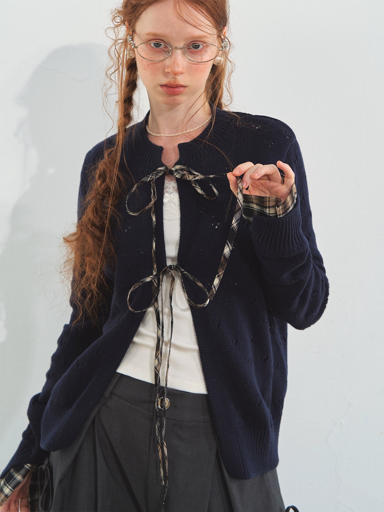 Vintage Plaid Tie-Front Cardigan - CHINASQUAD