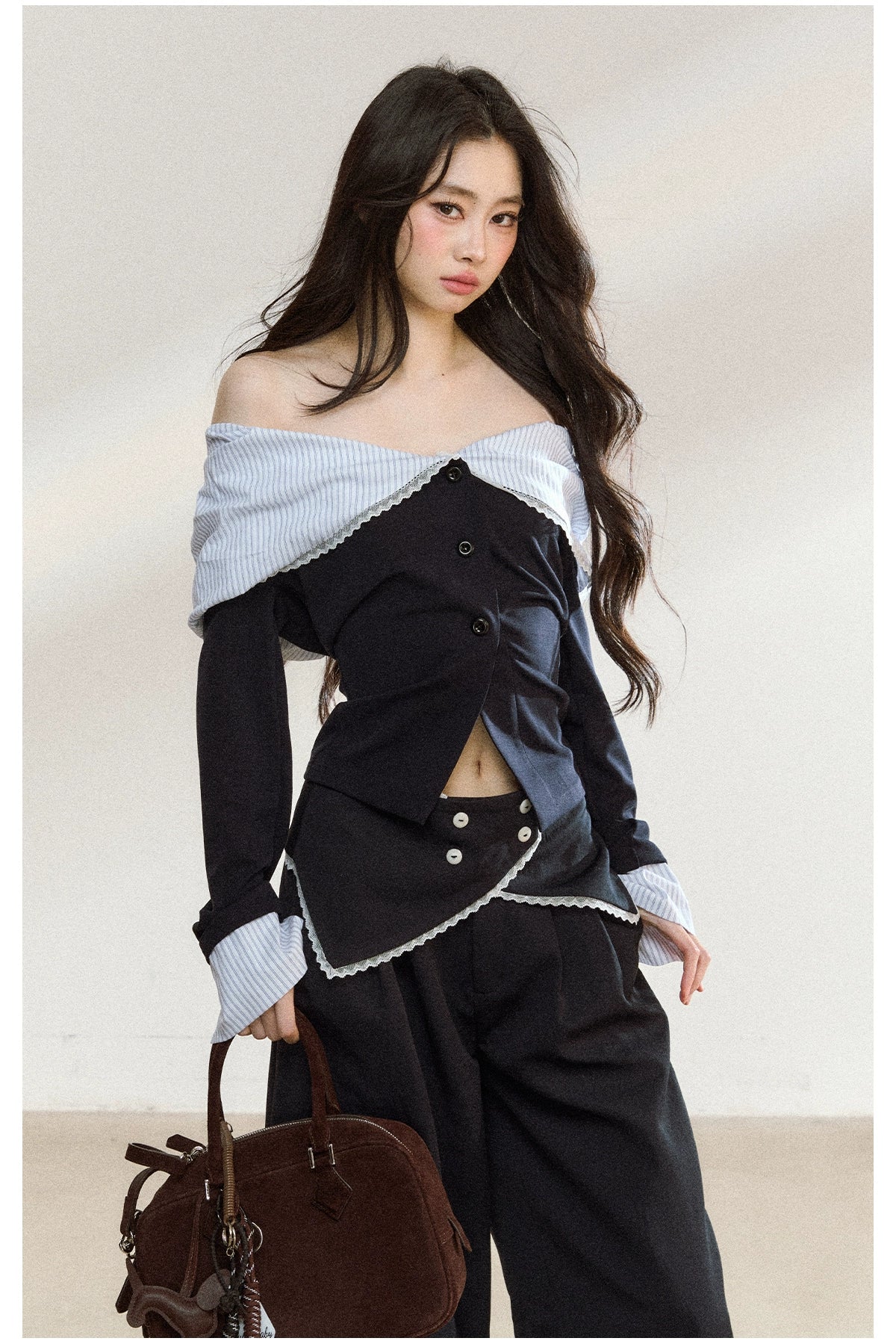 Off-Shoulder Striped Lapel Blouse & Pants Set - CHINASQUAD