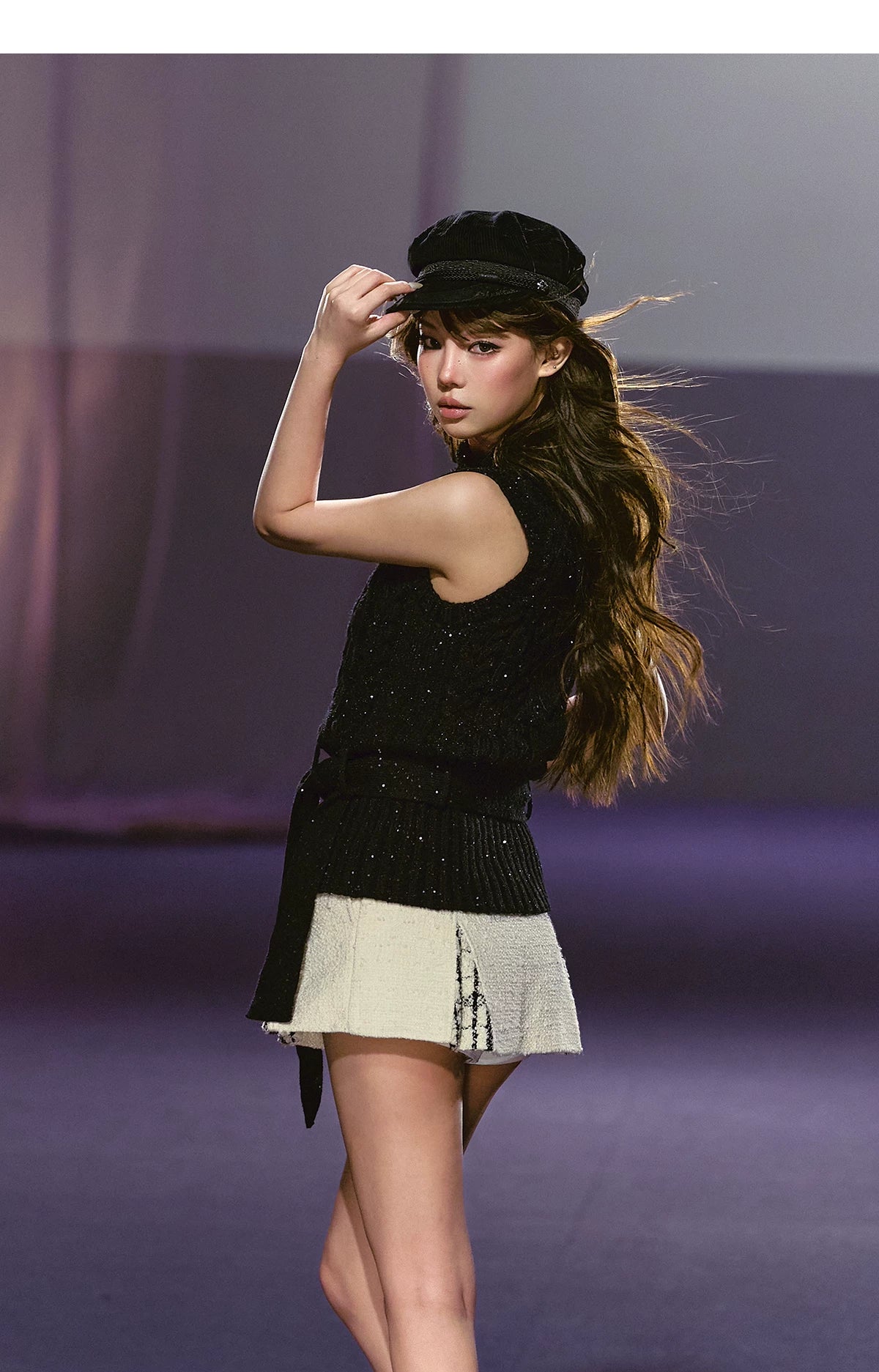 Tailored Double-Breasted Sequin Patchwork Pleated Mini Skirt