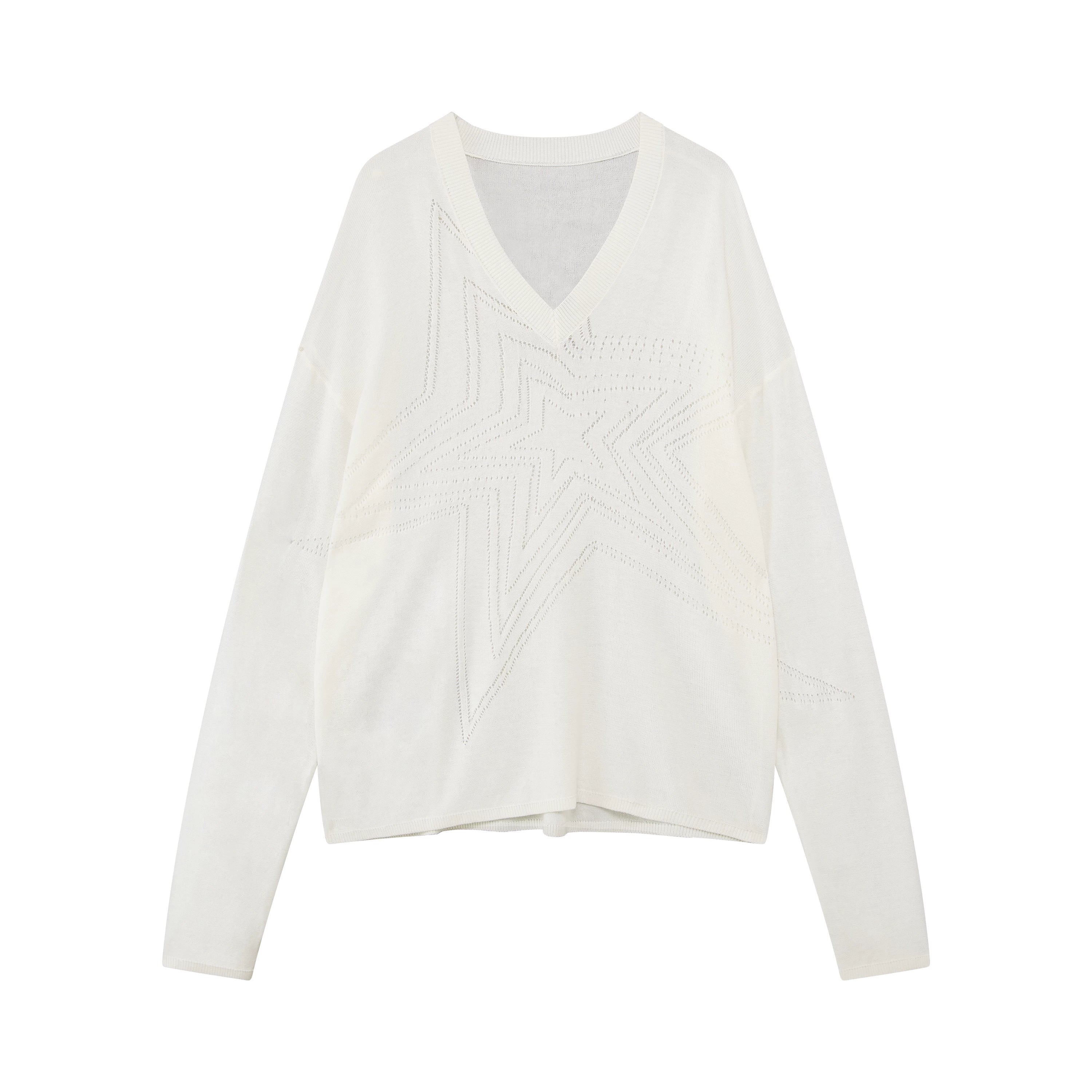 Cotton Hollow Star V-Neck Knit Cardigan