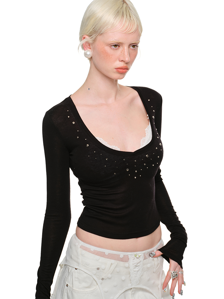 Deep V-Neck Studded Rhinestone Top - CHINASQUAD
