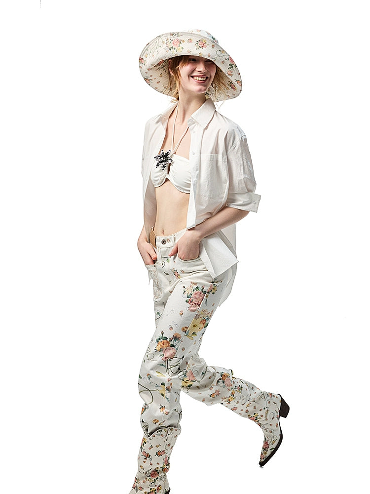 Floral Print Canvas Straight-leg Trousers