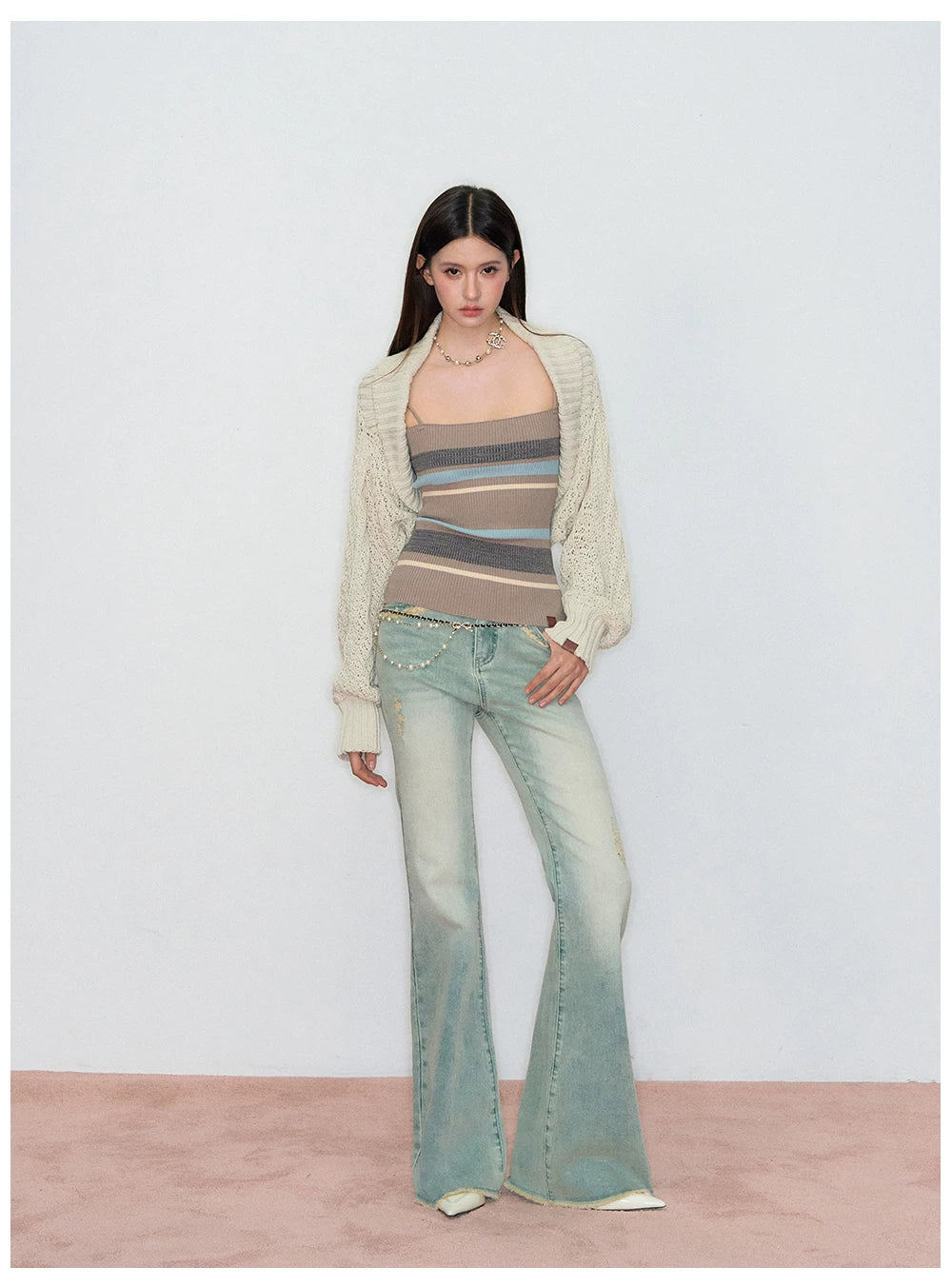 Knit Cardigan & Striped Camisole Two-Piece Set