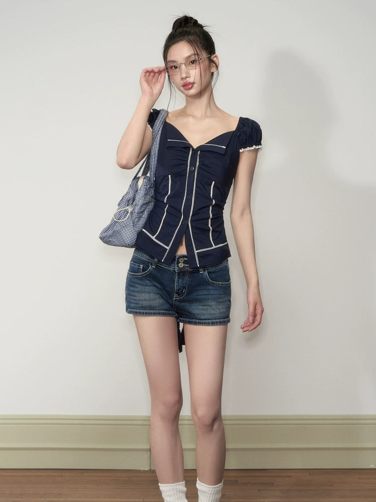 Washed Low-Waist Denim Shorts - CHINASQUAD