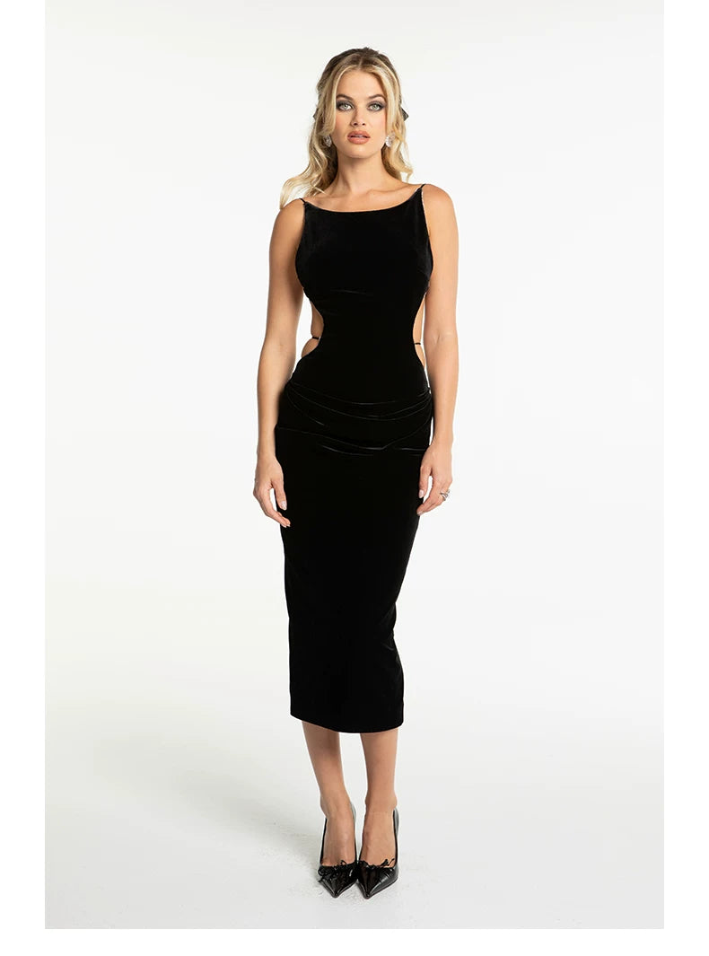 Crystal-Trim Velvet Backless Dress