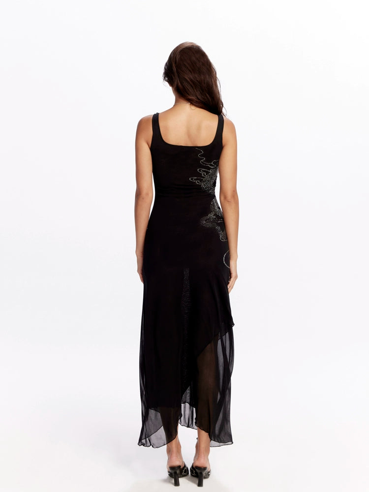 Noir Dragon Crystal Mesh Maxi Dress