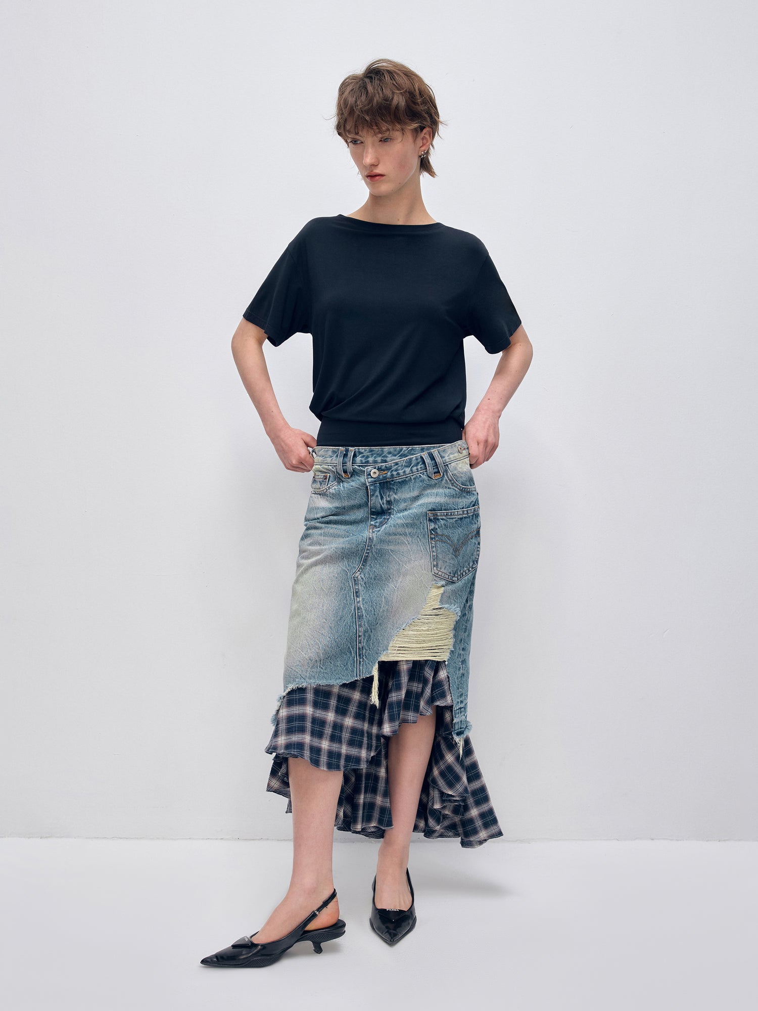 Irregular Denim Patchwork Plaid Fish Tail Skirt - CHINASQUAD