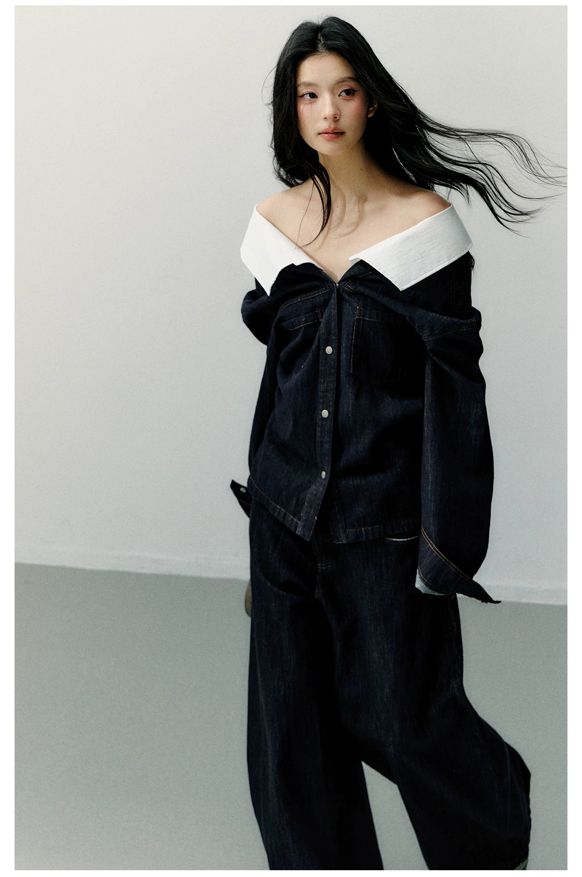 Off-Shoulder Denim Long Sleeve Shirt