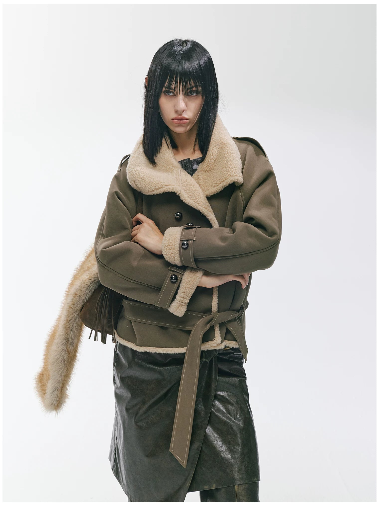 Contrast Fleece-Panelled Shearling Short Coat