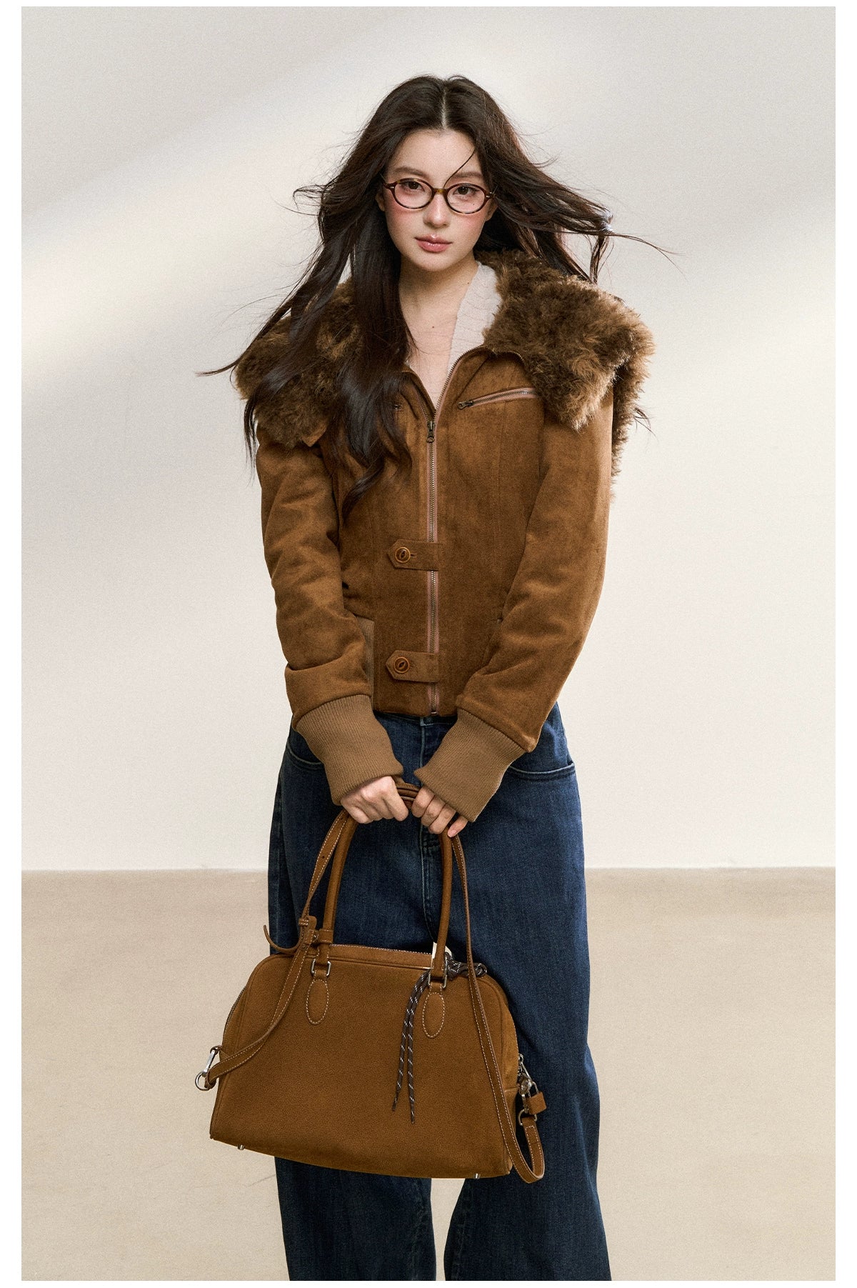 Mahogany Faux Fur Collar Suede Cropped Jacket - CHINASQUAD