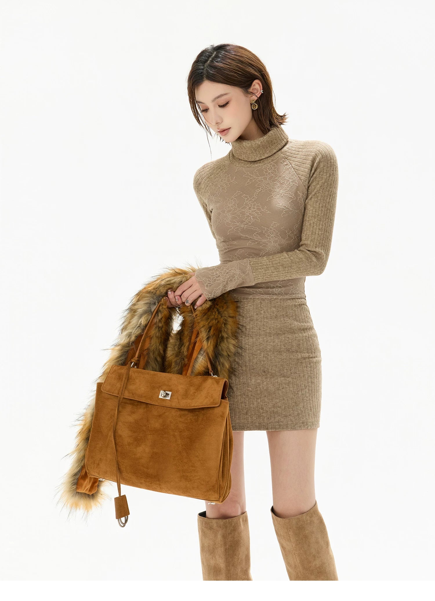 Lace High-Neck Knit Mini Dress