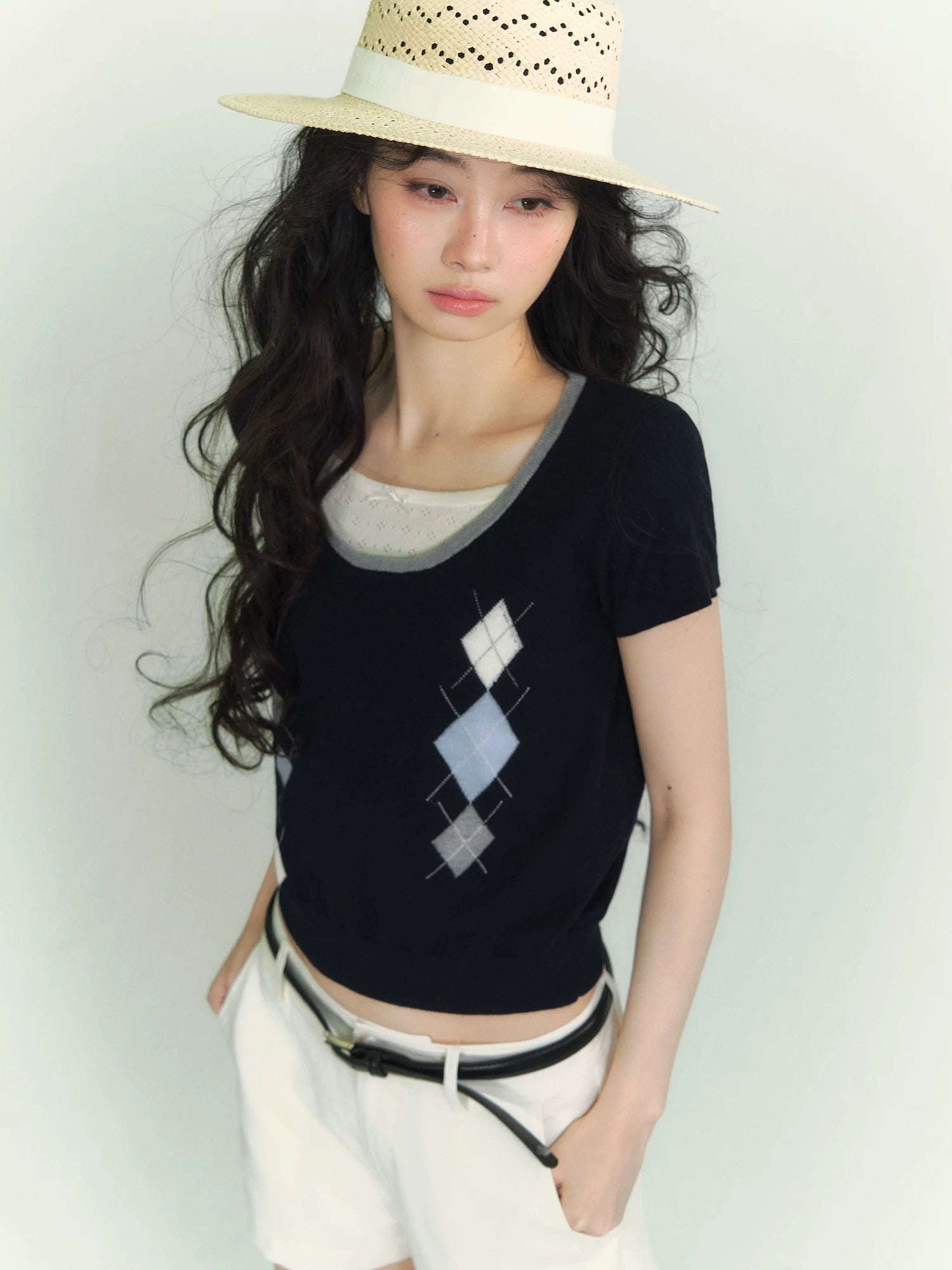 Argyle Color-Block Layered Short Sleeve Top