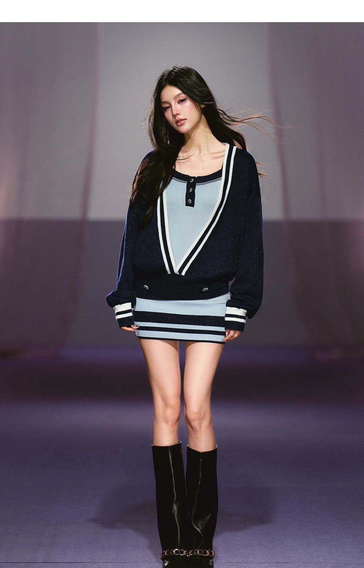 Striped Deep V Knit Dress & Cardigan Set