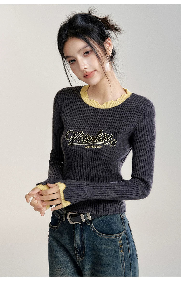 Gray Contrast Color Layered Knit Top
