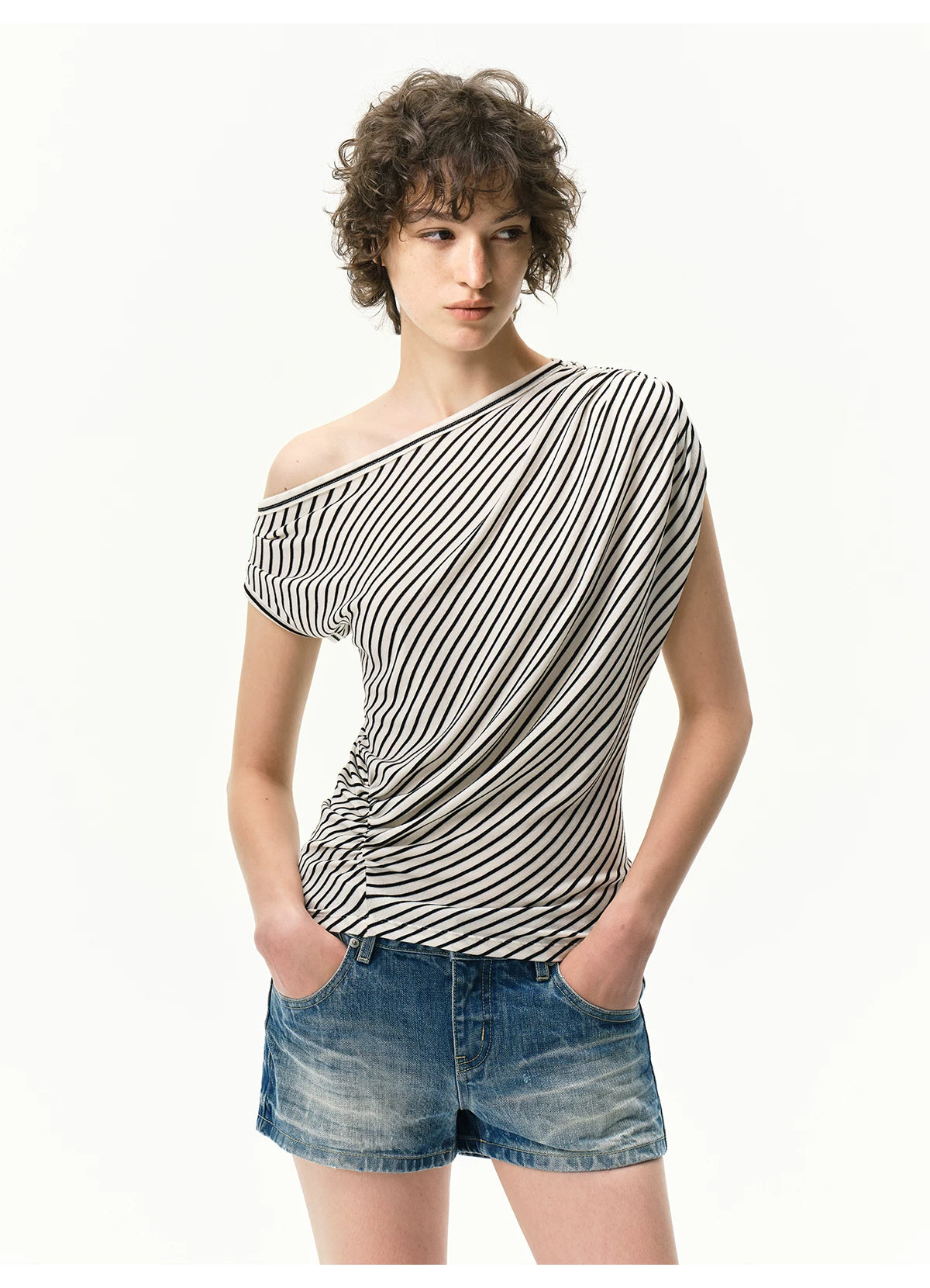 Asymmetrical Draped Lyocell-Wool T-Shirt
