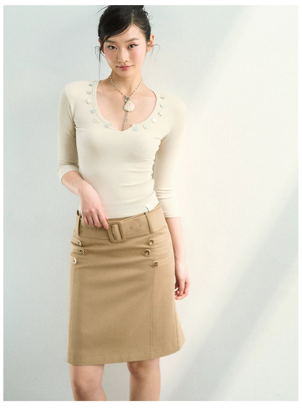 Belted A-Line Midi Skirt