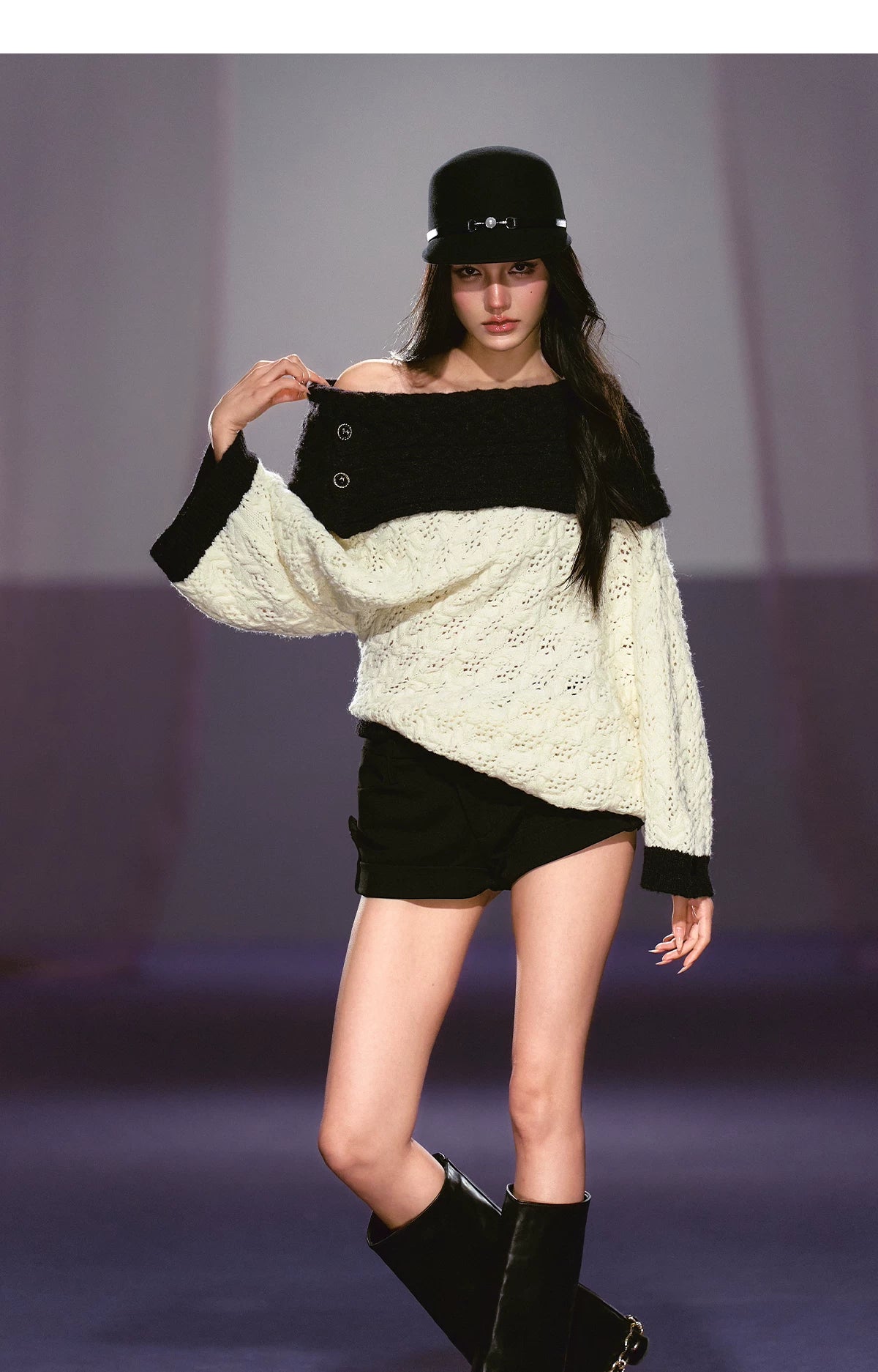 Batwing Sleeve Off-Shoulder Tweed Knit Crewneck