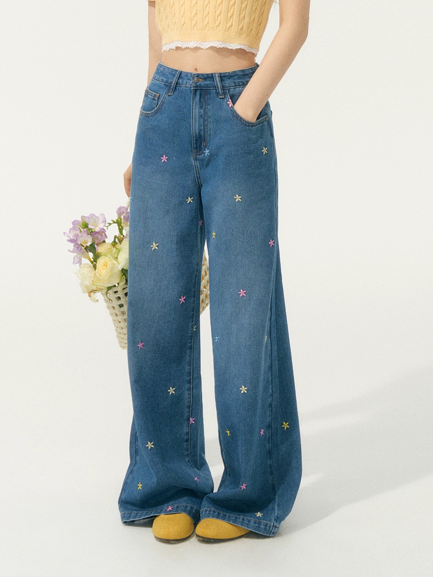 Embroidered High-Waisted Wide-Leg Pants - CHINASQUAD