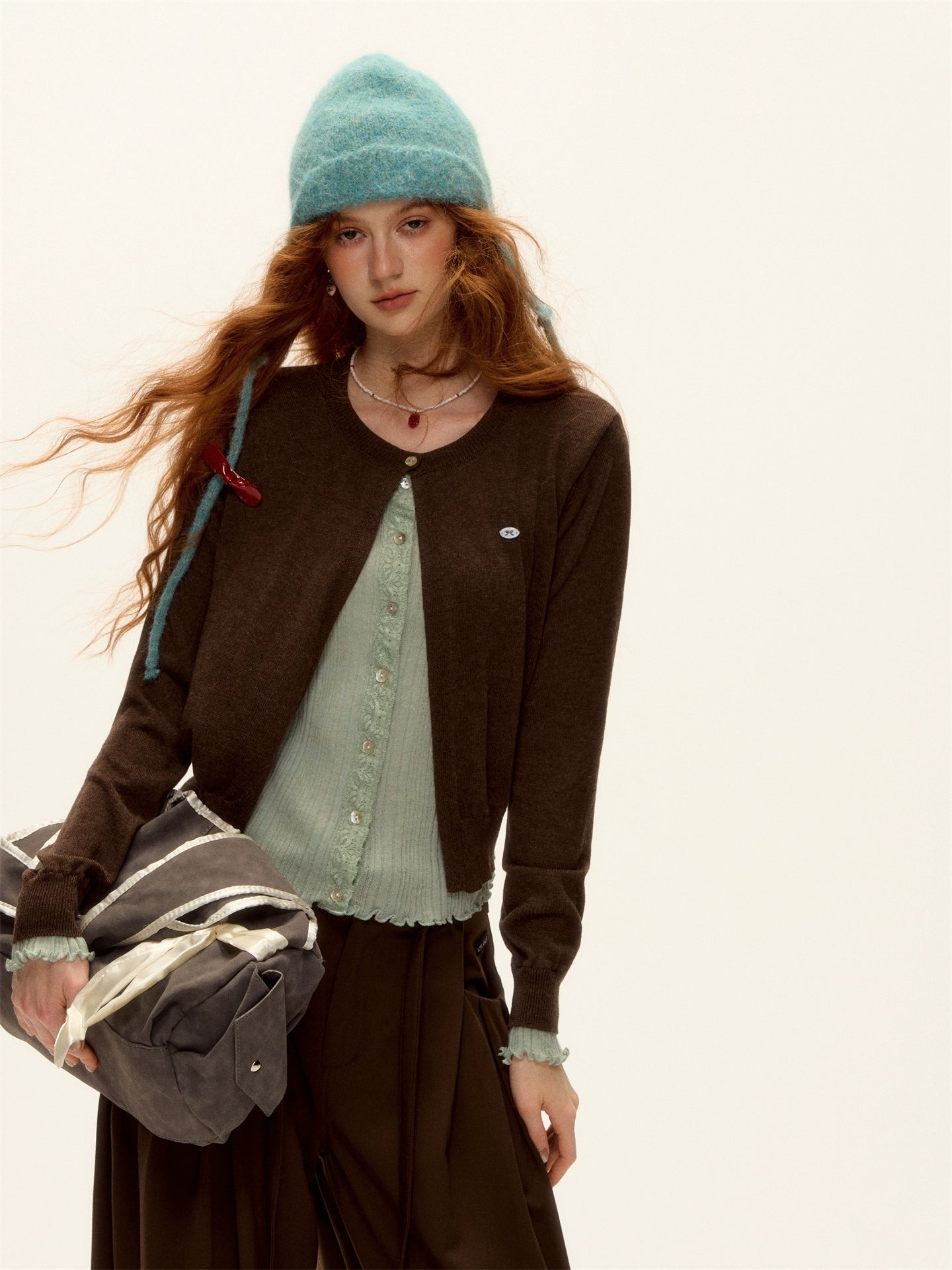 Contrast Panel Ruffled Knit Cardigan