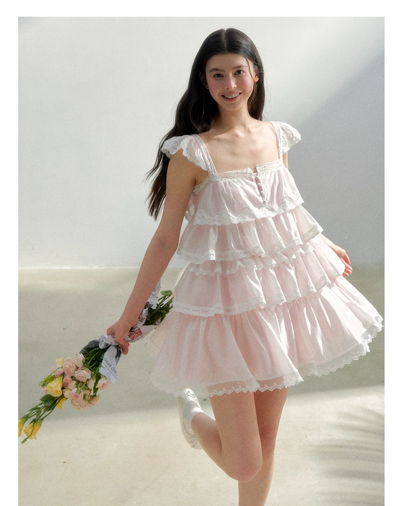 Blush Lace Mist Tiered Princess Dress