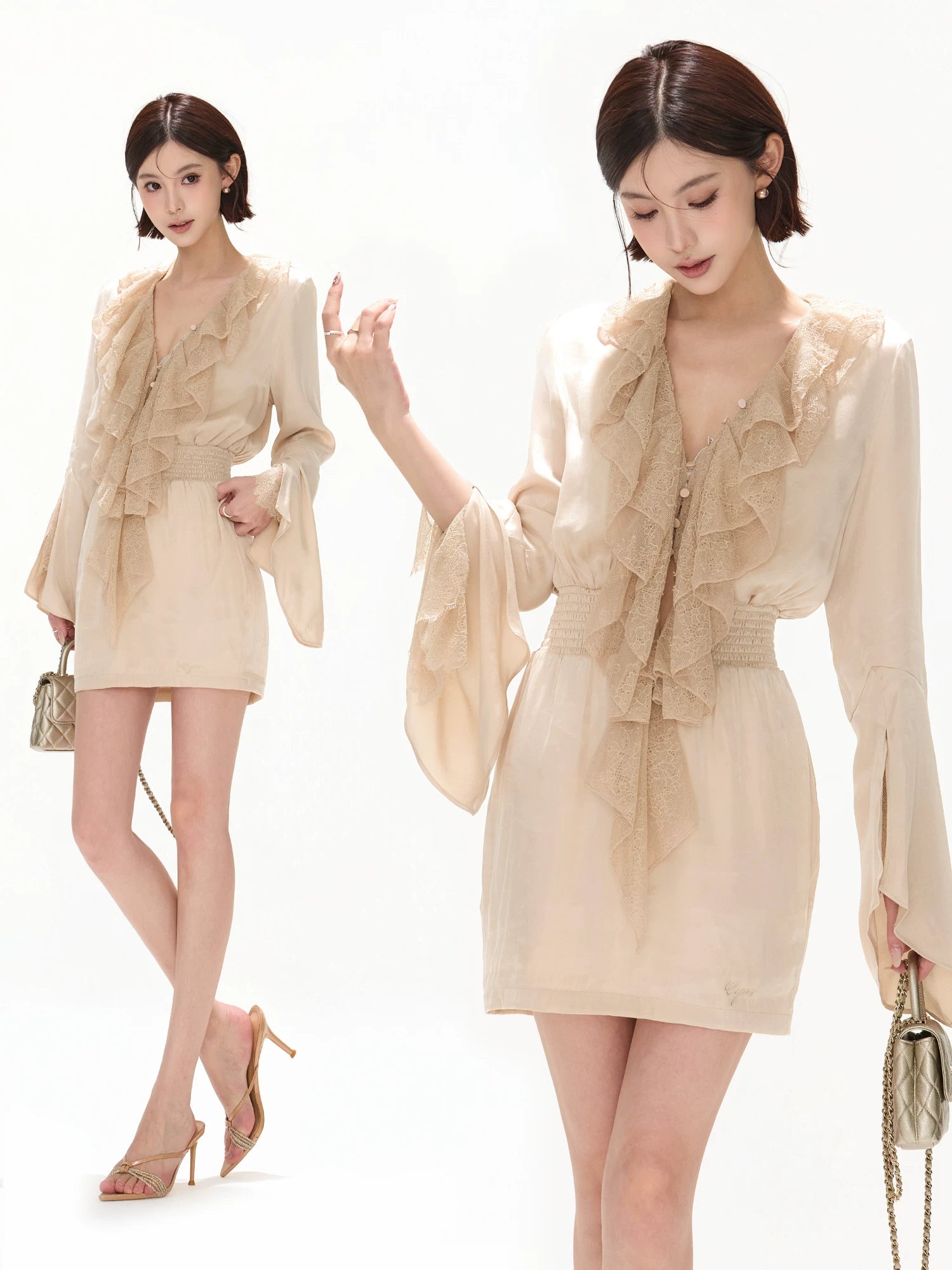 Elegant Ruffled Lace V-Neck Satin Mini Dress