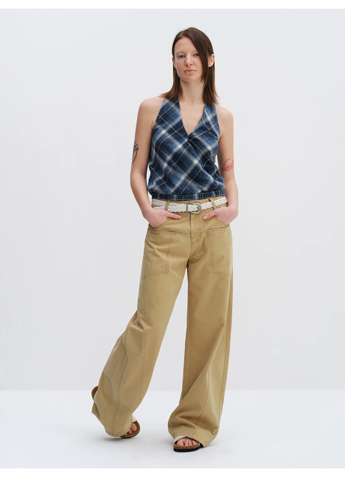 Utility Pocket Curved Wide-Leg Trousers