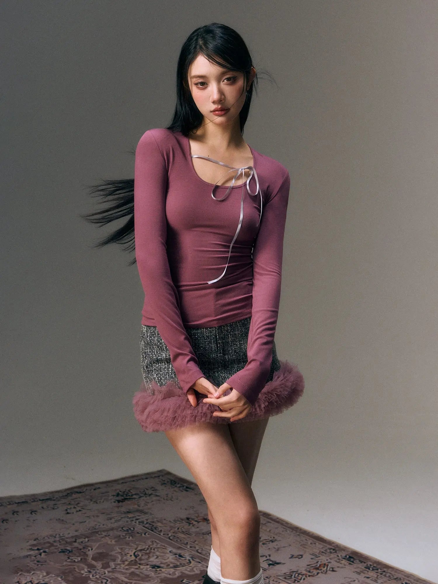 Gray Mesh Trim Tweed Mini Skirt - CHINASQUAD