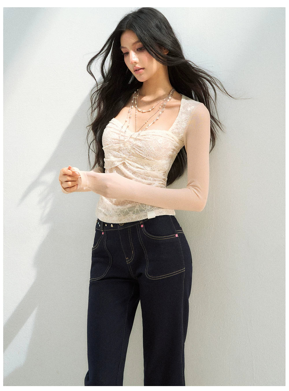 Lace Mesh Ruched Long Sleeve T-Shirts