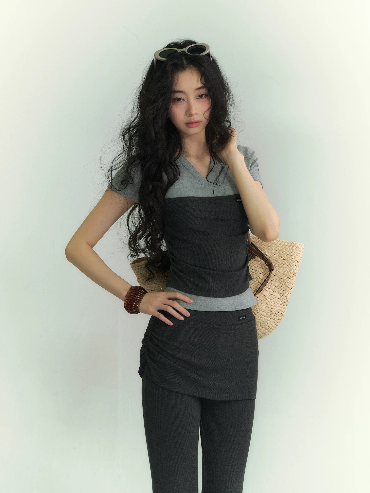 Layered Bandeau-Effect V-Neck Short Sleeve Top & Ruched Panel Lounge Flared Pants Set