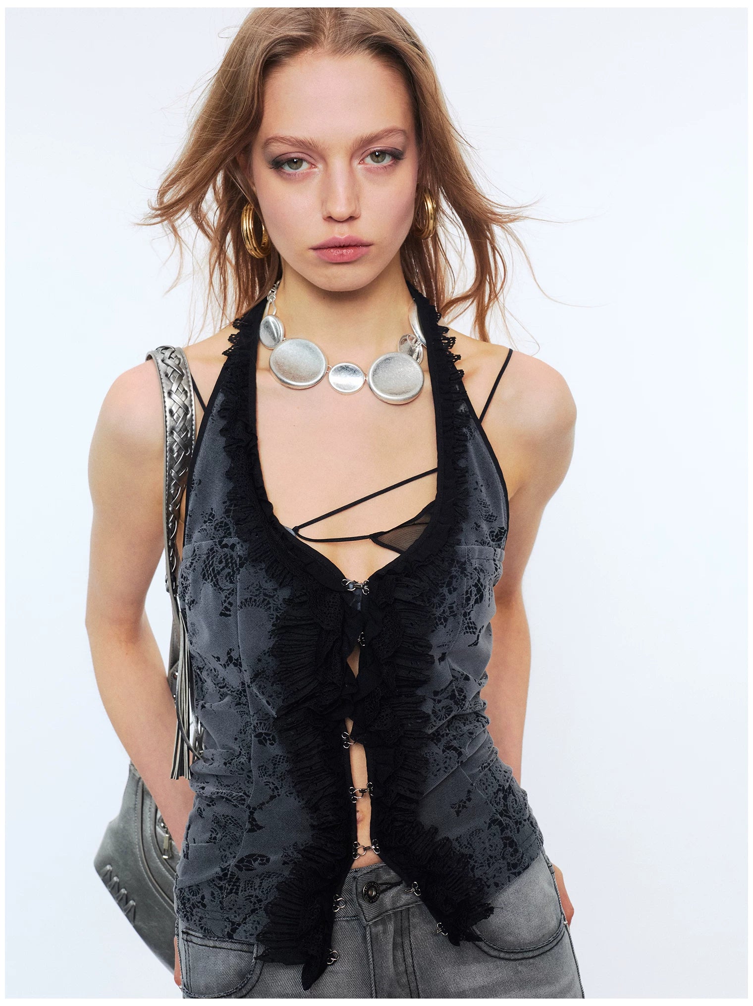 Lace Ruffle Floral Halterneck Camisole