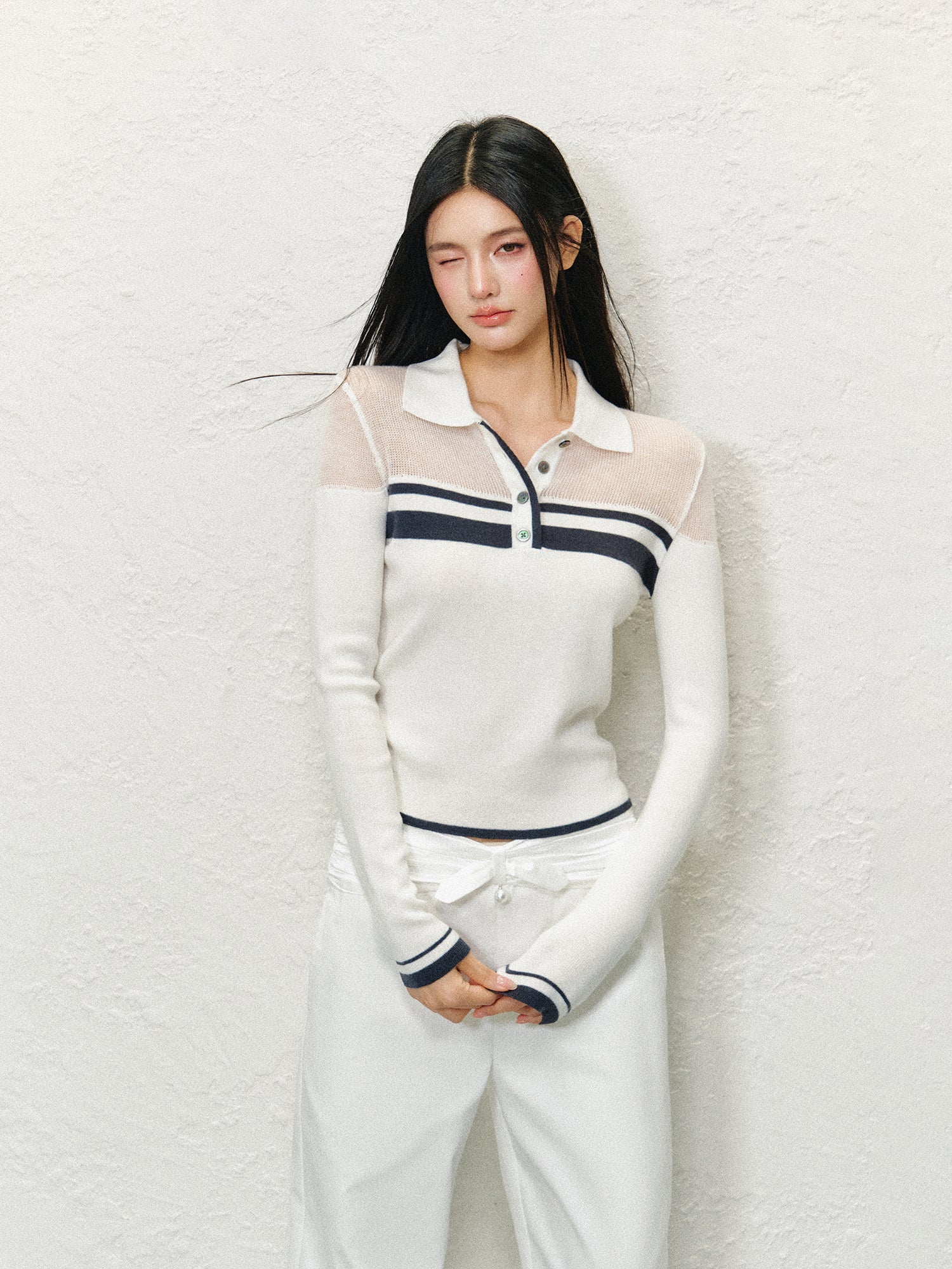 Off-Shoulder Colorblock Polo Long Sleeve Top - CHINASQUAD