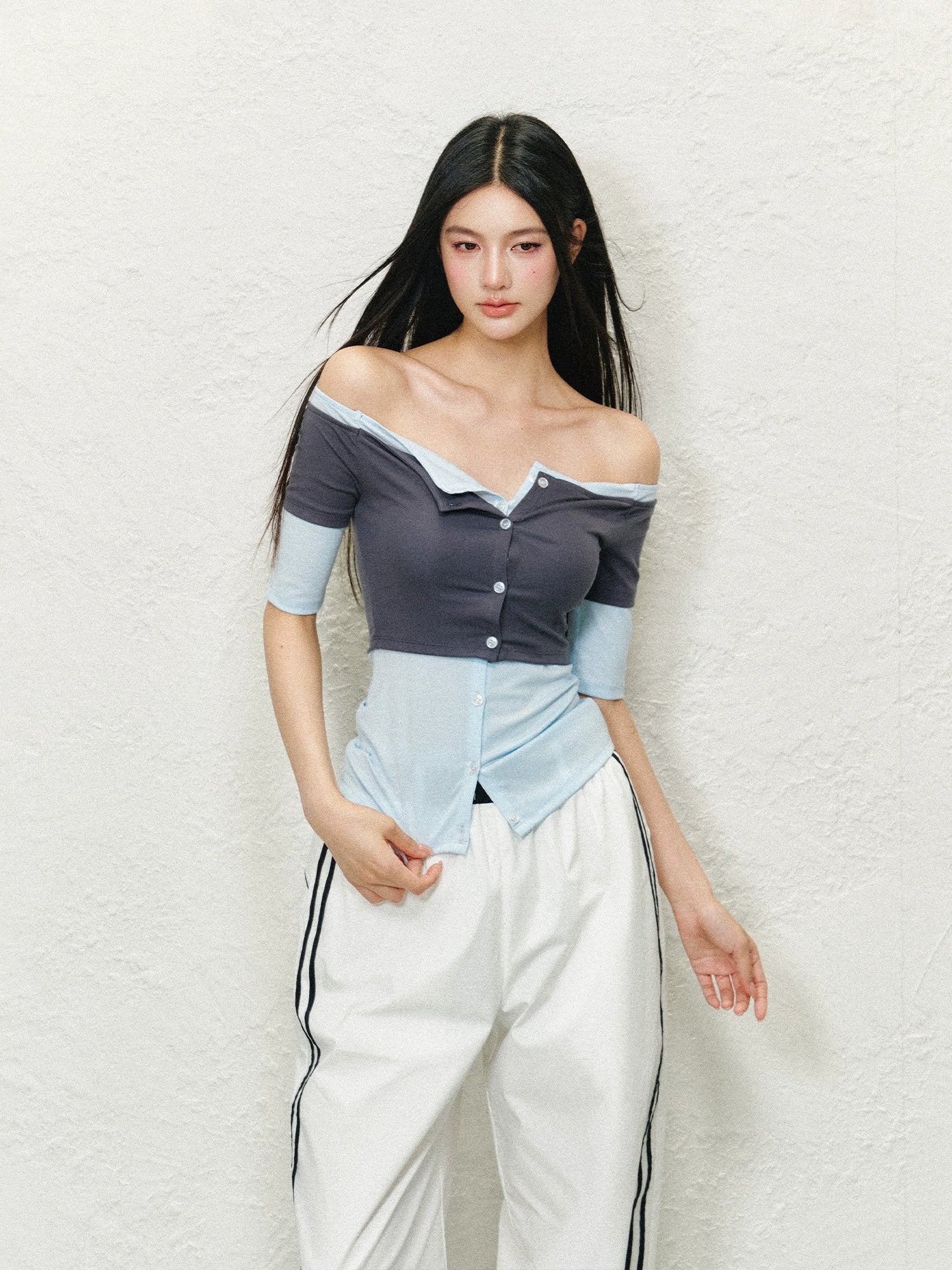 Off-Shoulder Fake Two-piece Color Block T-shirt - CHINASQUAD