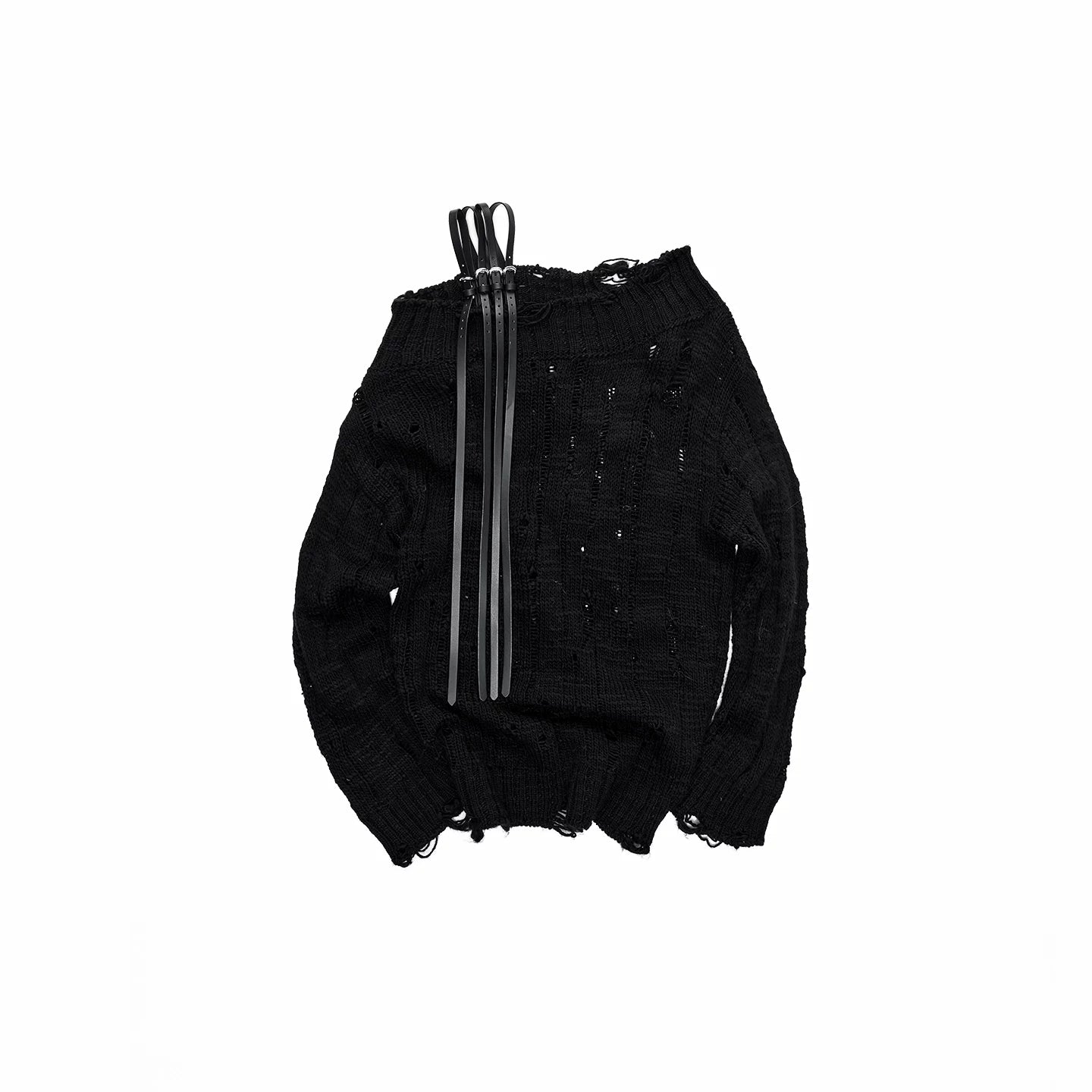 Off-Shoulder Belt Distressed Cable Knit Sweater