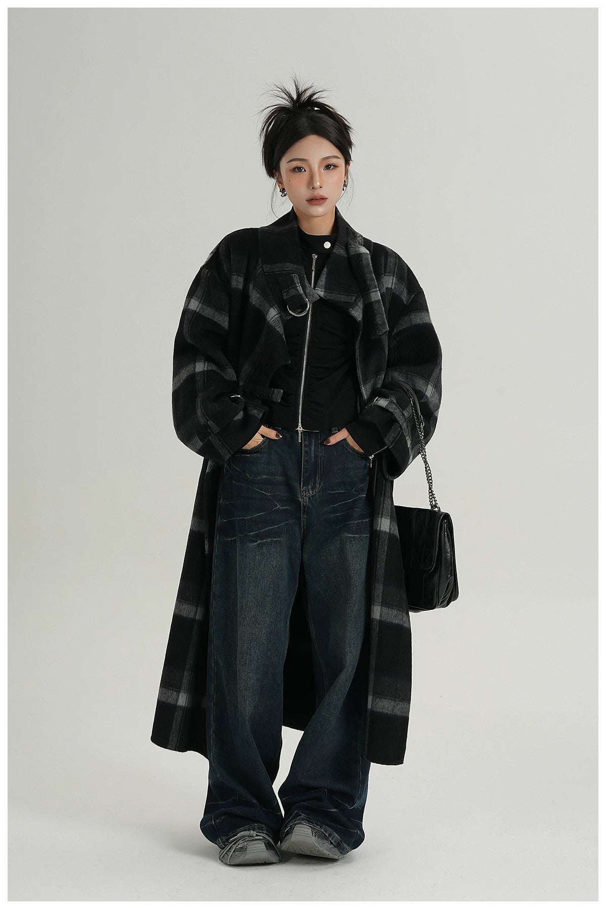 Plaid Stand-Collar Double-Faced Wool Coat
