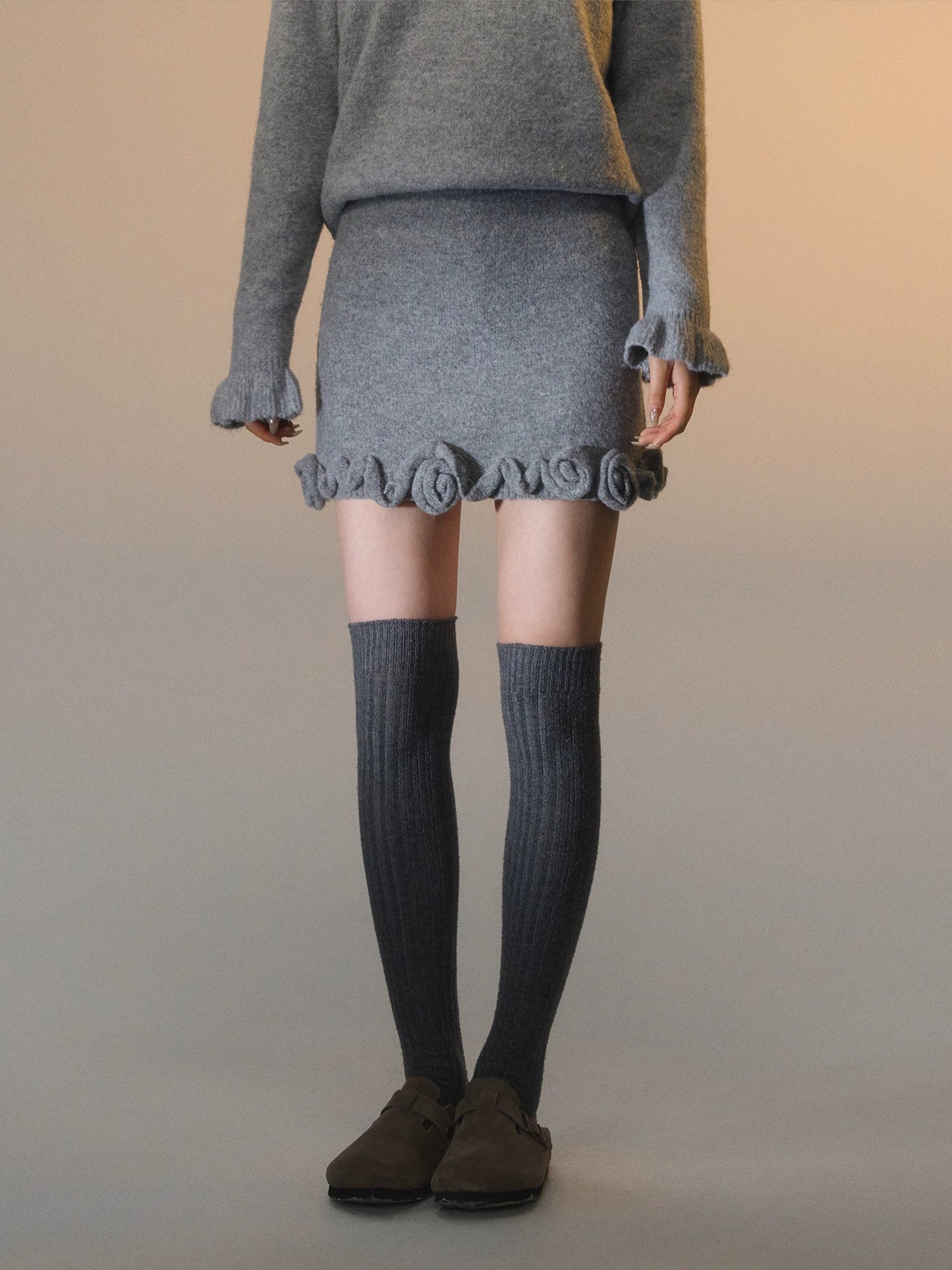3D Rose V-Neck Knit Sweater & A-Line Knit Skirt Set