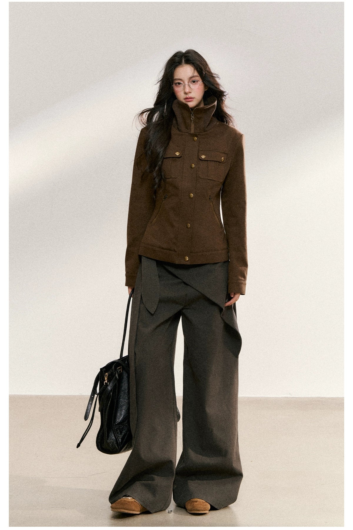 Vintage Suede Stand-Collar Fitted Jacket