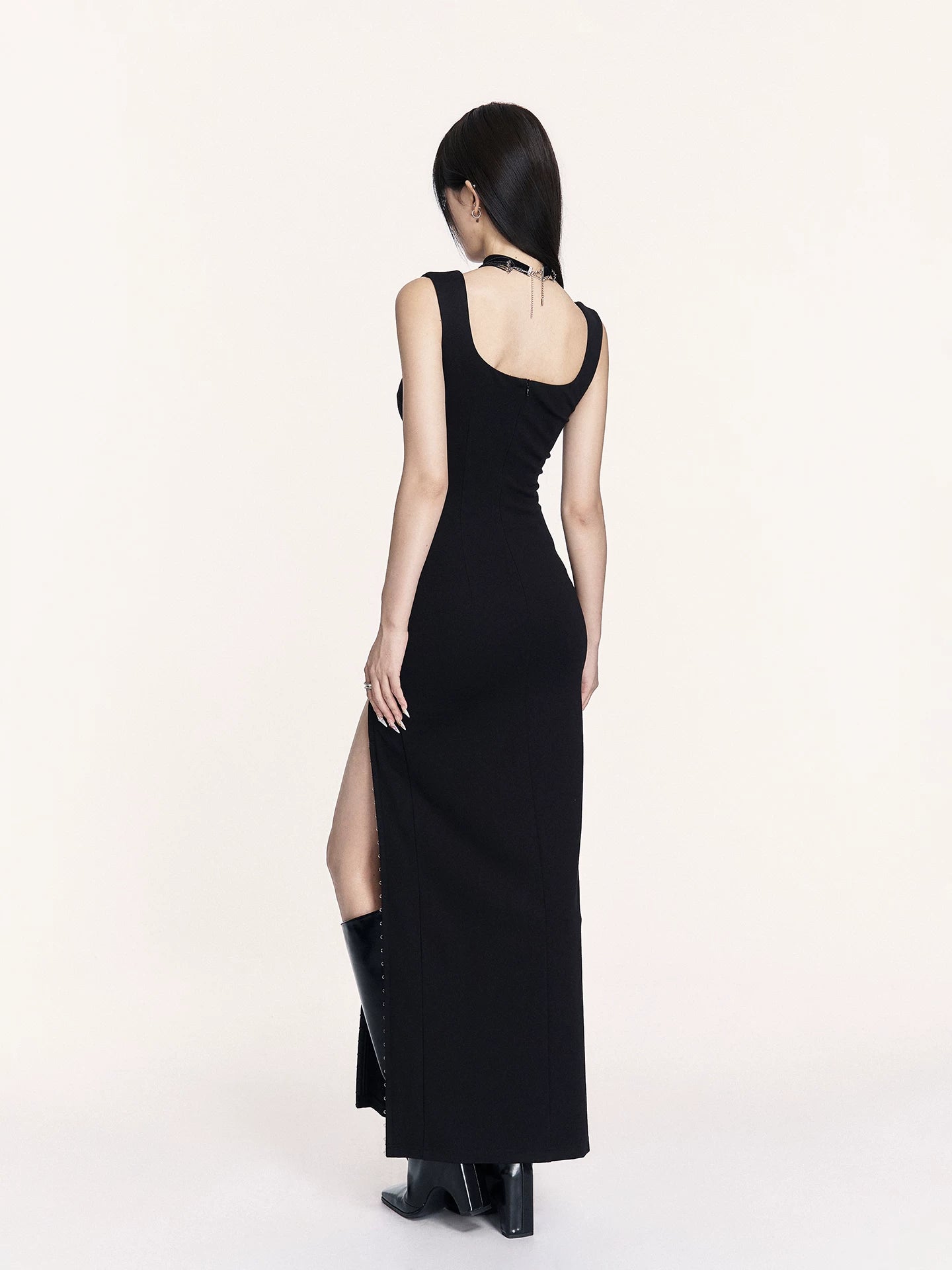 Waist-Cinching Little Black Maxi Dress