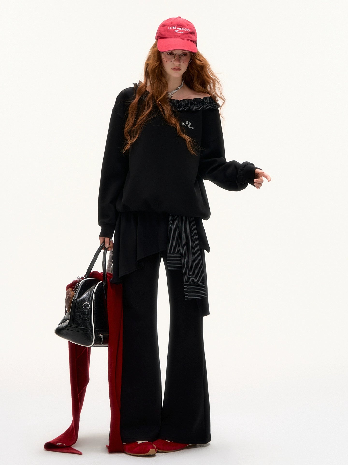 Stripe Ruffled Off-shoulder Sweatshirt - CHINASQUAD