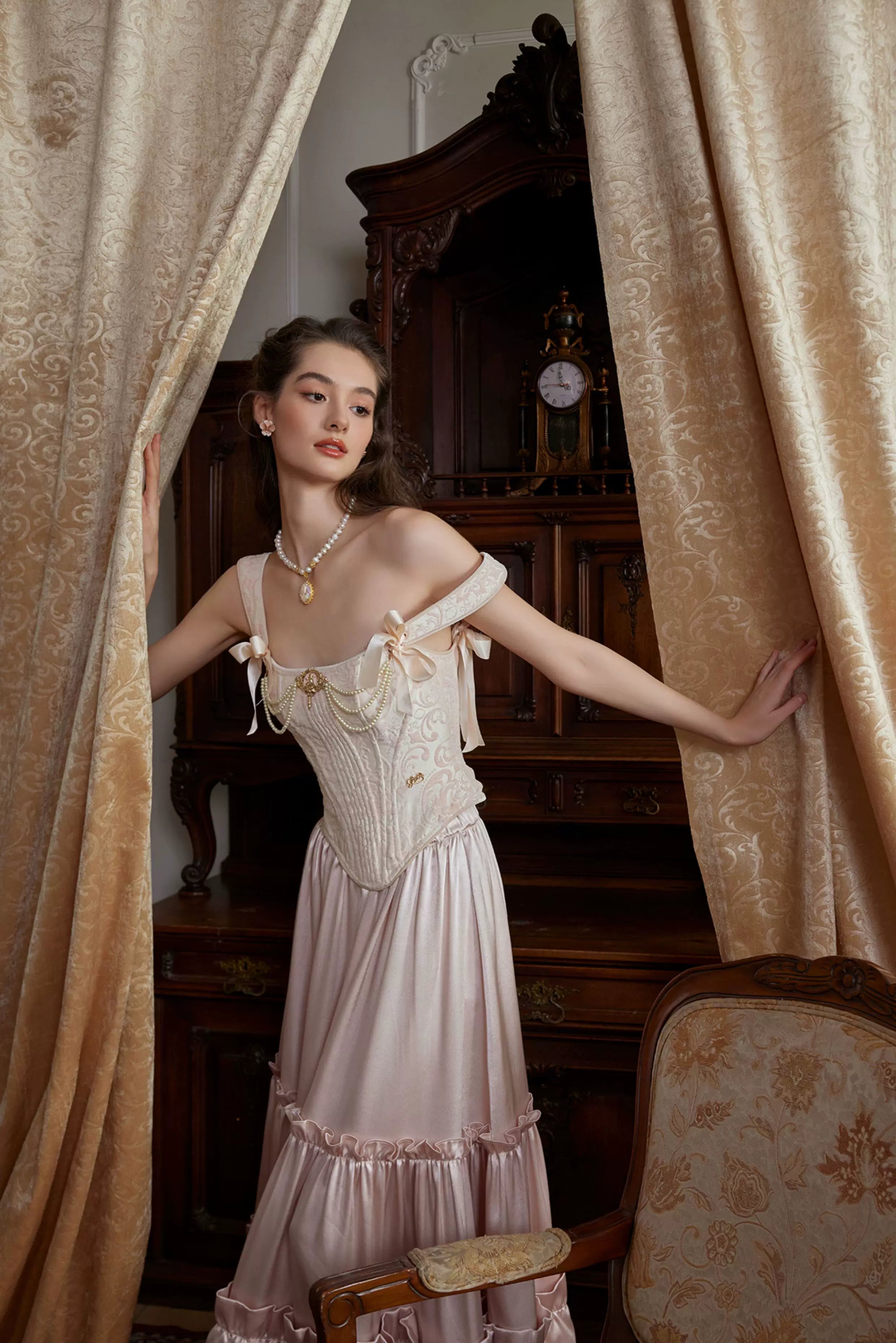 Jacquard Corset Top & Satin Ruffle Skirt Set