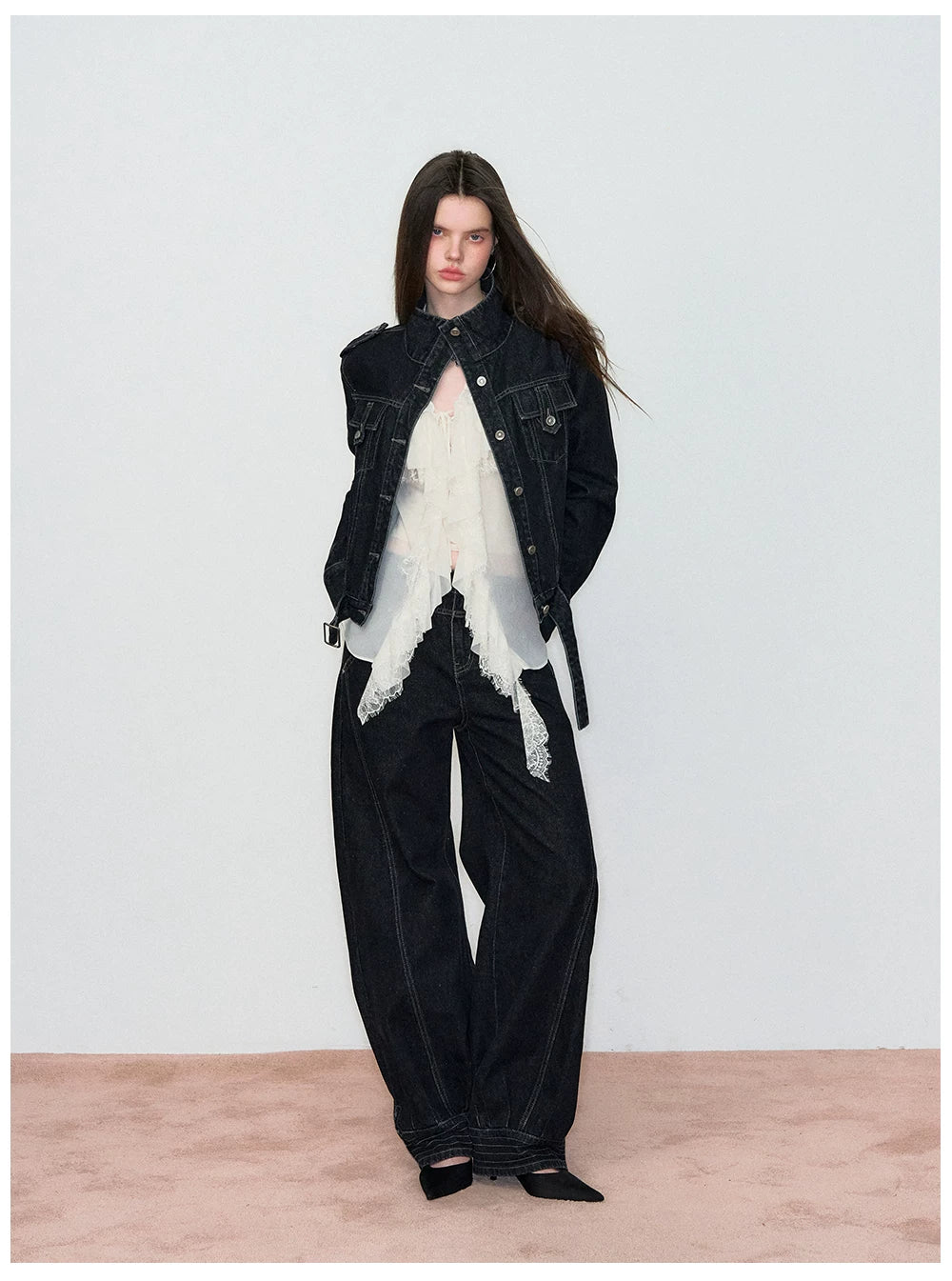 Sheer Lace-Trim Tie Blouse