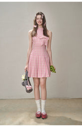 Mint & Strawberry Check Halter Dress - CHINASQUAD