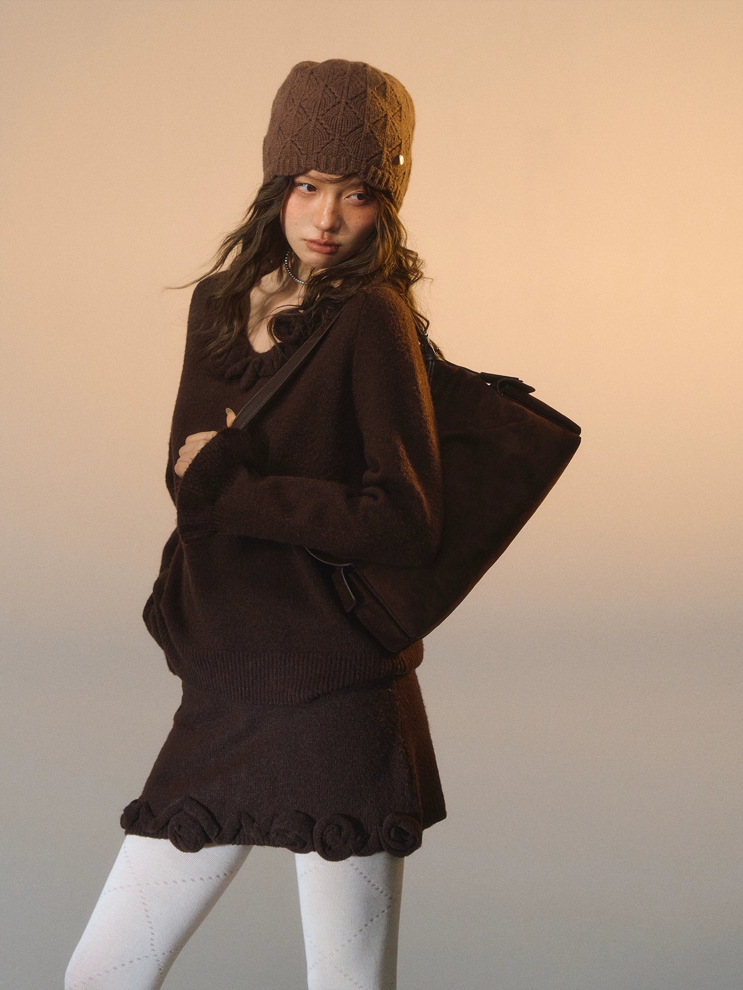 3D Rose V-Neck Knit Sweater & A-Line Knit Skirt Set